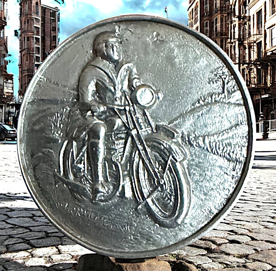 A DIVISION THREE DETAILED MOTORCYCLE BUTTON: 1 Medium size 20th century molded white metal example. Here is an incredibly detailed pewter of silver molded designed button of a rider on a motorcycle. A very cool and unusual button. 