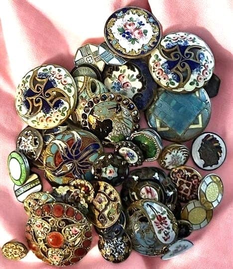 A BAG LOT OF DIVISION ONE ENAMEL BUTTONS: Here is a gorgeous selection of enamels from the 19th century. This bag is full of several goodies in a variety of enamel techniques. Have a good close look you don’t want to miss the this