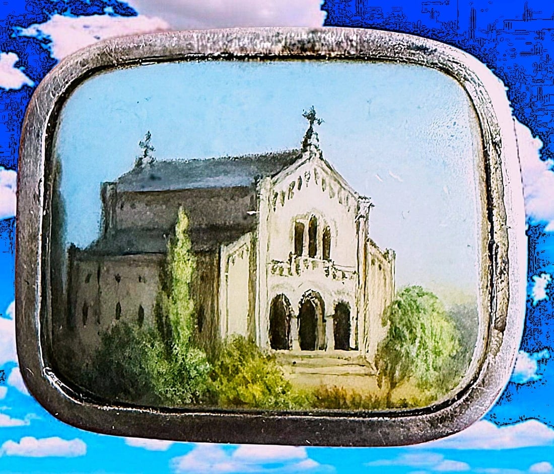A DIVISION ONE PAINTED SCENE SET IN SILVER: 1 Medium size early 20th century church scene example. This hand painted enameled porcelain is beautifully created and mounted in a rectangular shaped fine silver setting. Wonderful detail. 