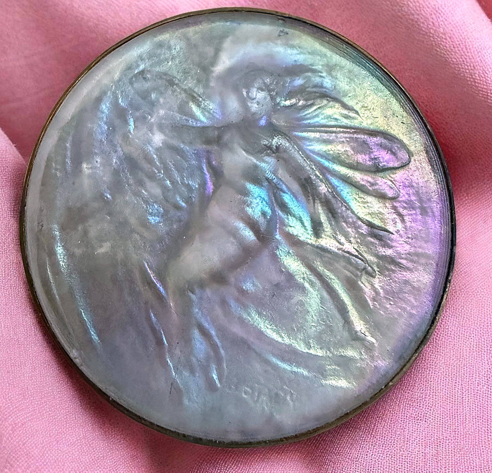 A VERY RARE ART NOUVEAU GLASS IN METAL BUTTON: 1 Large 19th century figural button by Gabriel Stalin. Gabriel Stalin was a noted and fine artist of the Art Nouveau era and created many sought after designs for Piel Freres in France. Per the online