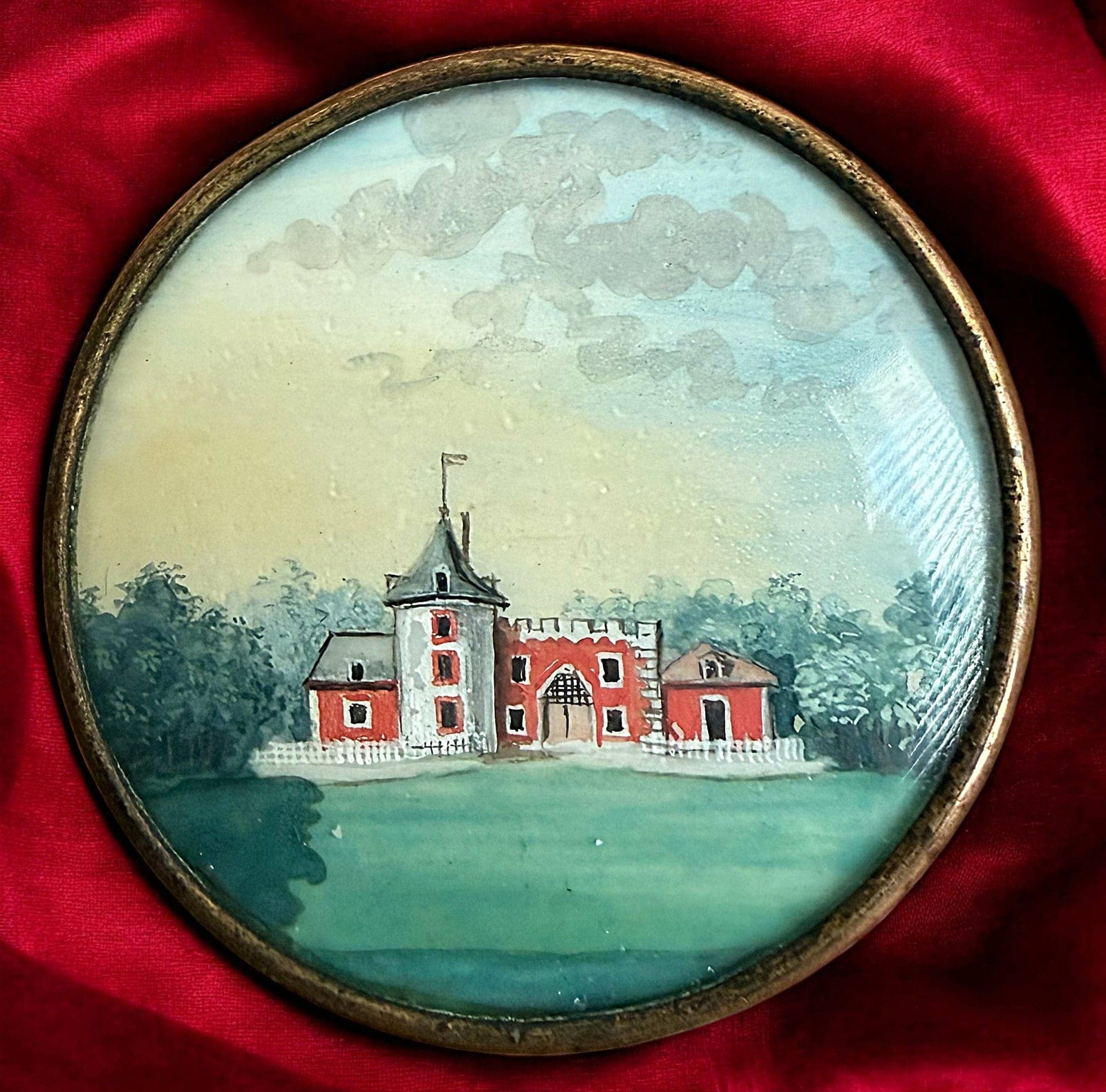 AN EXCEPTIONAL HAND PAINTED DIVISION ONE SCENE BUTTON: 1 Large 18th century hand painted under glass button! Here is a very rare example and finely detailed one of 18th century origin. It is amazing how after over 250 years the red colors in this architec
