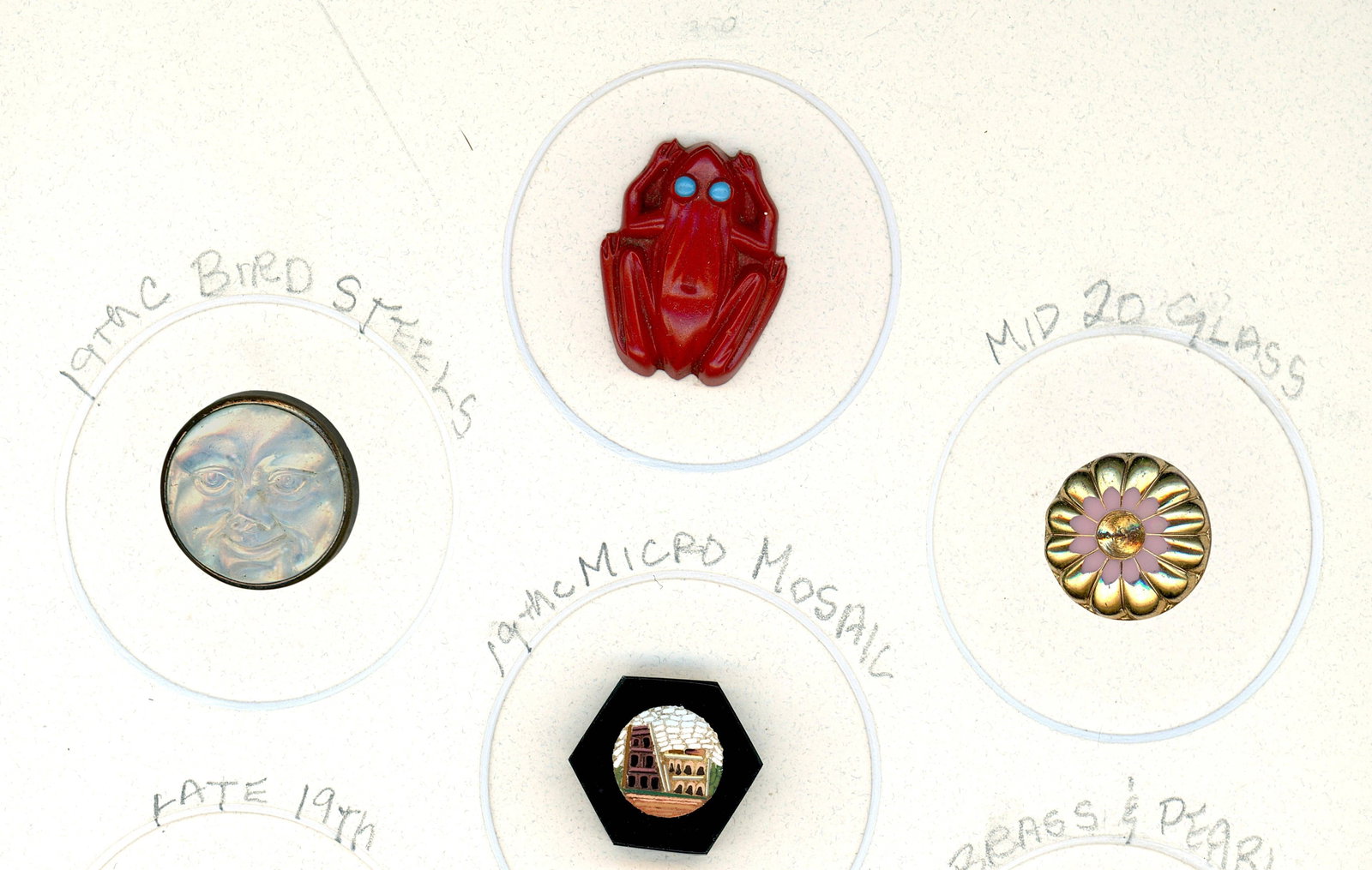 A SMALL SELECTION OF DIVISION ONE & THREE STUD BUTTONS: 4 Medium 19th/20th century examples including Micro Mosaic. This lot of studs includes a great 6 sided black glass architectural Micro Mosaic center, a beautifully crafted moon face in metal, a great