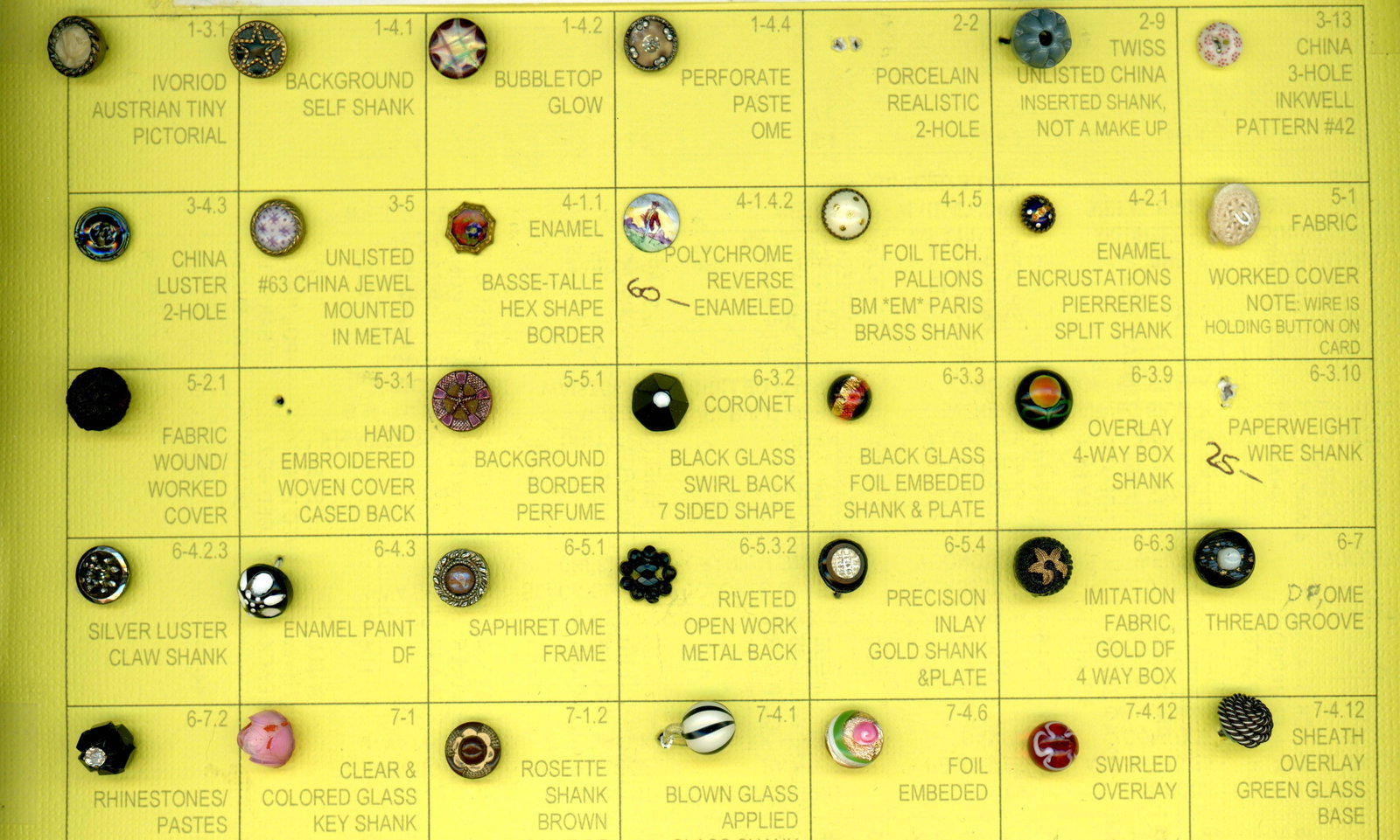 A PARTIAL CARD OF ASSORTED DIVISION 1 DIMINUTIVE BUTTONS: 32 Dimi buttons including a Saphiret, Jeweled Calico & much more. This is a great partial card of diminutive buttons on a labeled card. The Saphiret in metal is fantastic along with the purple jewed c