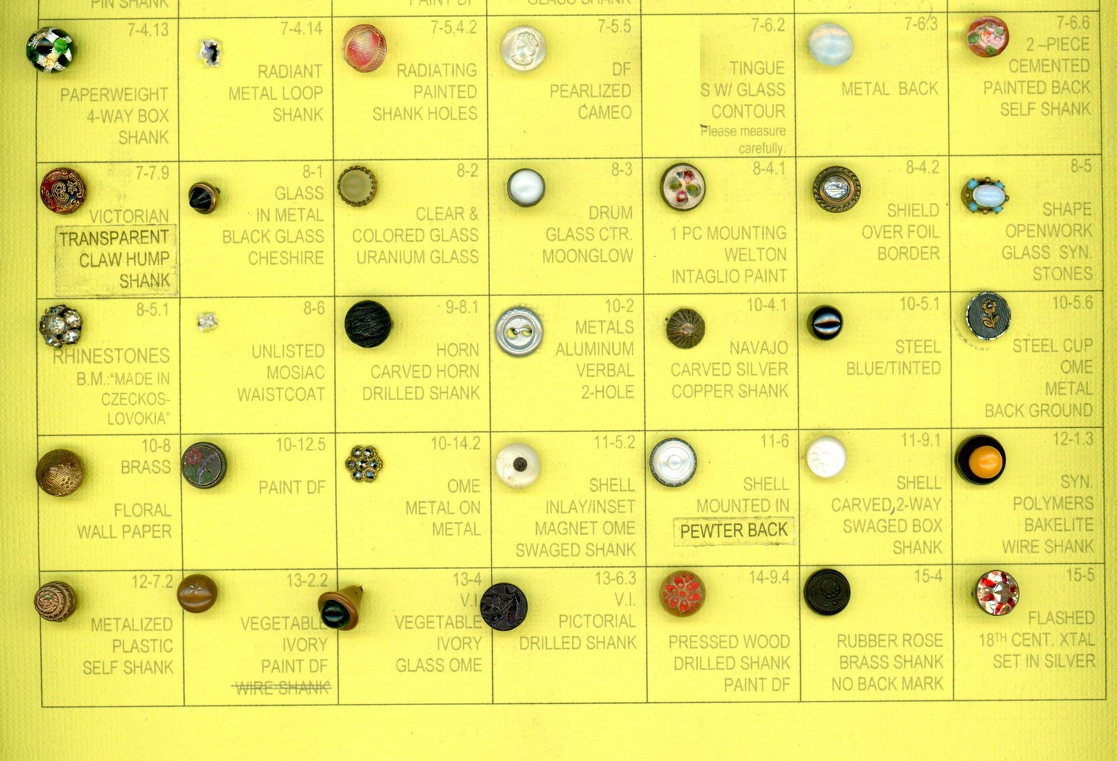 A PARTIAL CARD OF ASSORTED DIVISION 1 DIMINUTIVE BUTTONS: 32 Dimi buttons including a 18th century, rubber & much more. This card of desirable diminutive buttons includes a variety of materials including a wonderful 18th century flashed crystal in silver, a