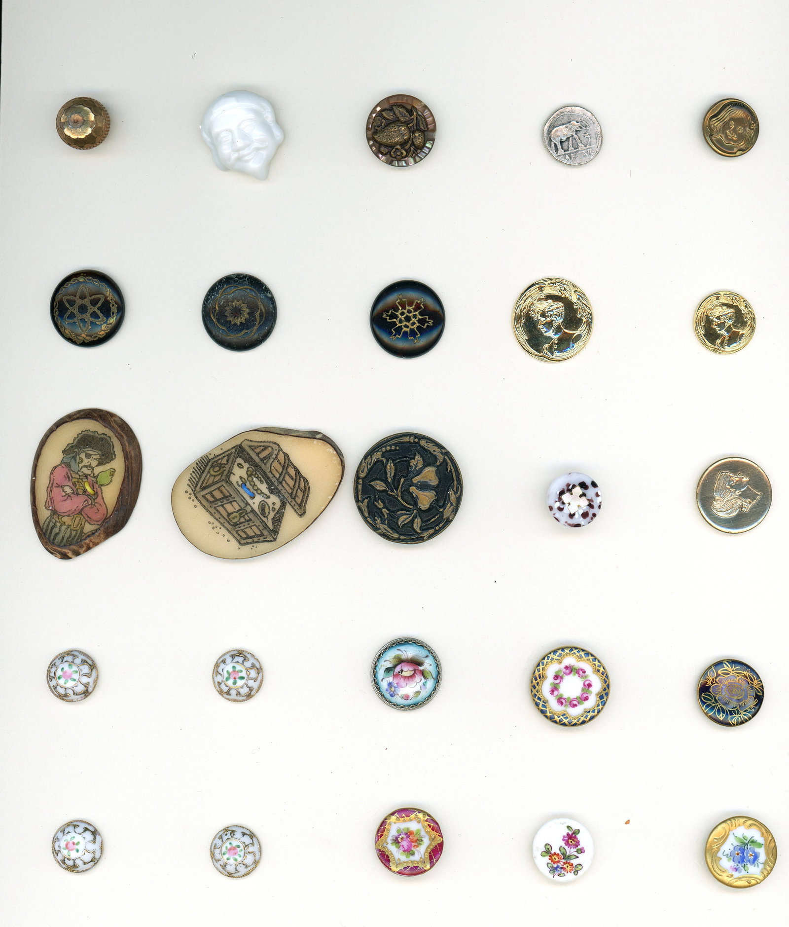 A CARD OF DIVISION 1 & 3 ASSORTED MATERIAL BUTTONS: 25 S/M/L 19th/20th C. examples including enamel and others. This card includes a couple of nice vintage Veg. Iv. Painted examples, tole work, some lovely hand painted 19th century porcelains and a lov