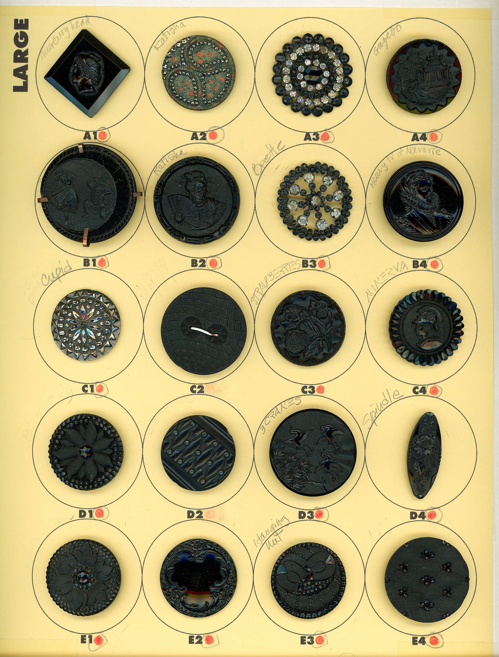A CARD OF DIVISION ONE BLACK GLASS BUTTONS (1 of 4)