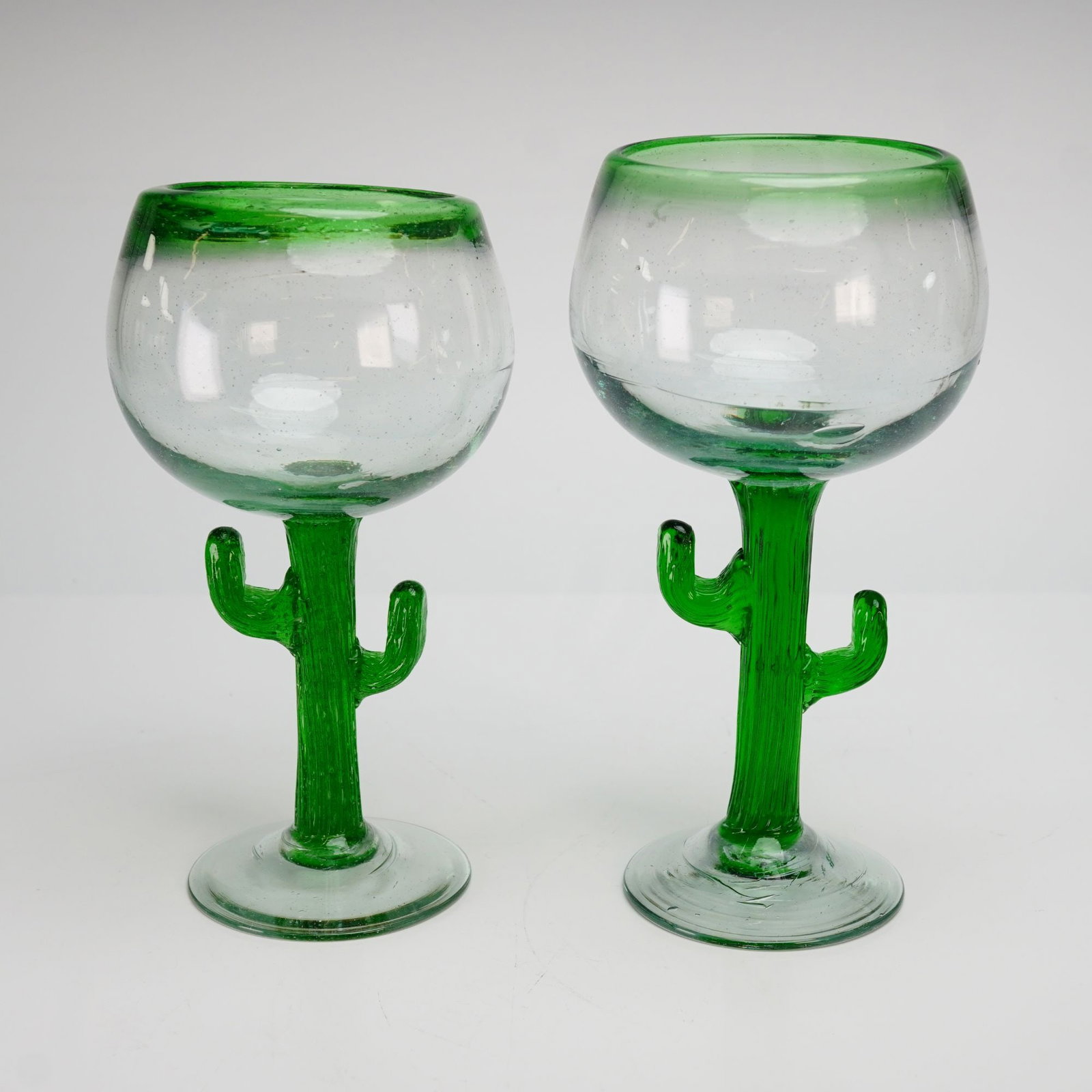 Artisan Mexican, Hand-Blown Bubble Glass Cactus Stem Margarita Goblets, Pair (1 of 3)