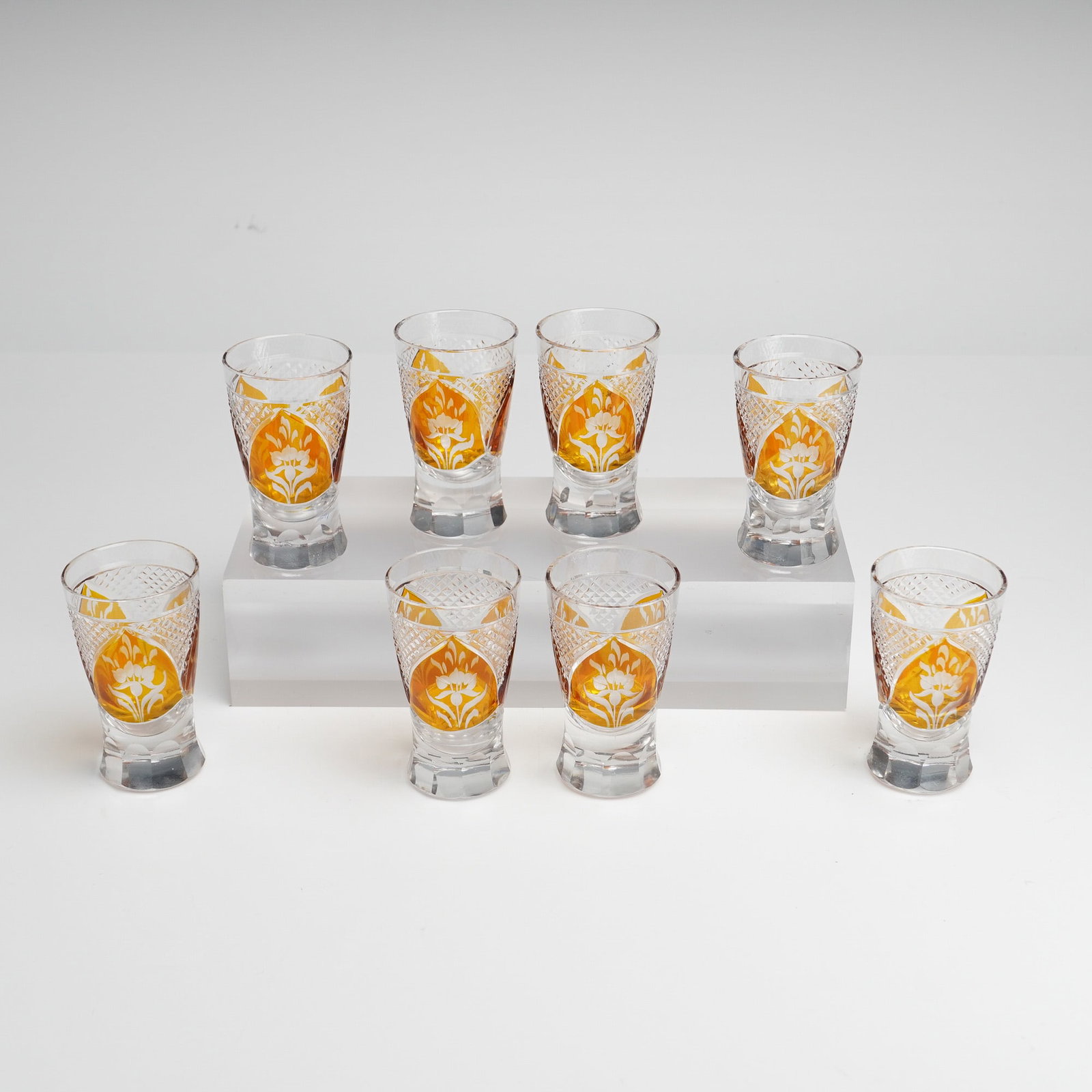 Bohemian Amber Cut-to-Clear Crystal Whiskey Glasses with Hand-Etched Floral Designs (1 of 4)