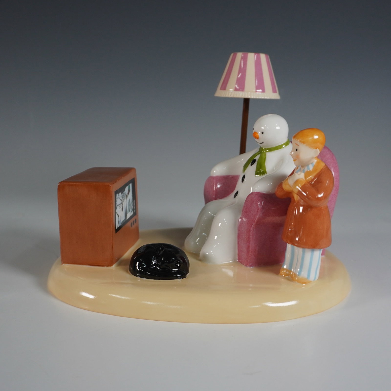 Coalport The Snowman "A Cold Night In" Figurine: A limited edition porcelain figurine from The Snowman series, titled "A Cold Night In." This charming vignette captures the Snowman and a young boy watching television together, accompanied by a cozy