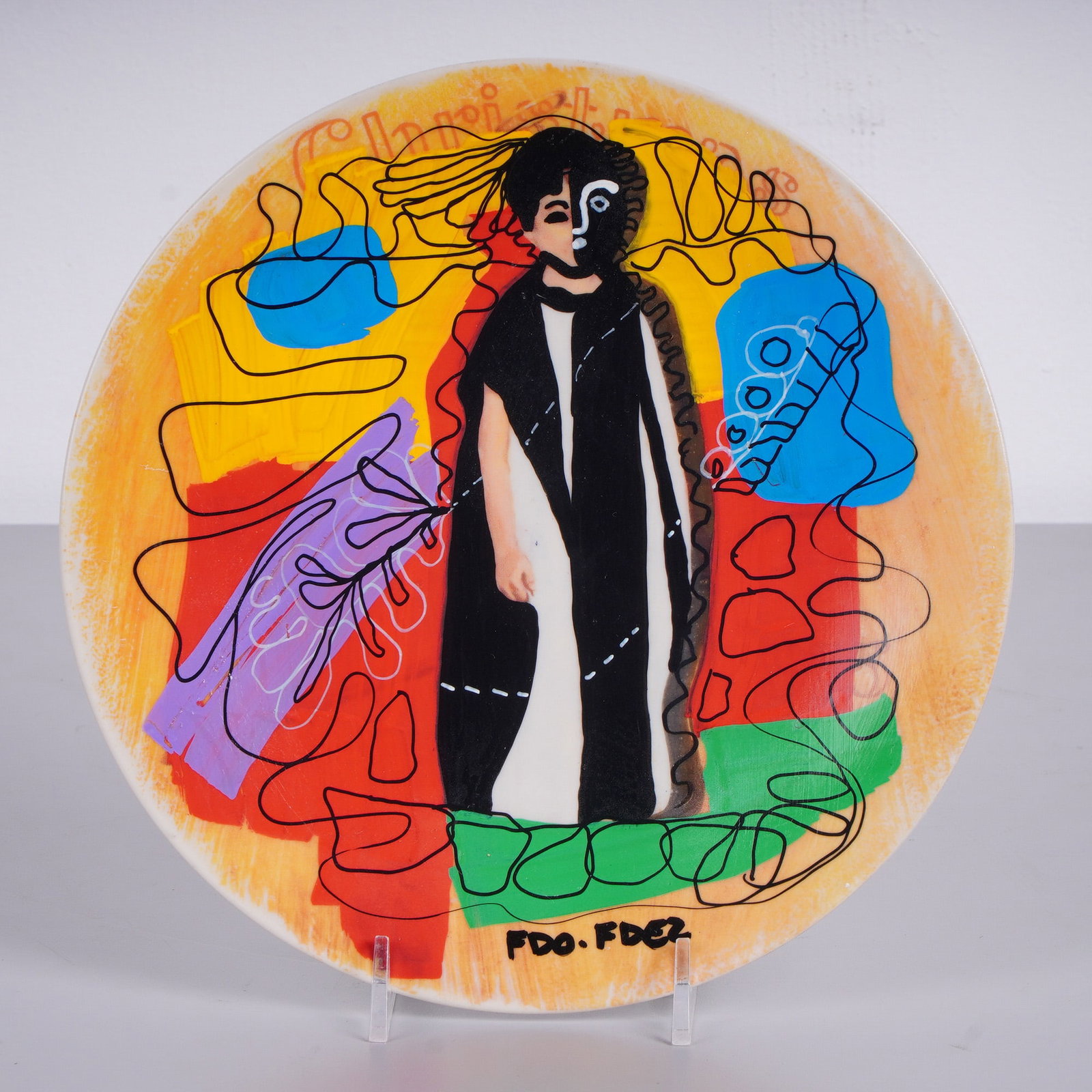 FDO.FDEZ (Cuban, b. 1962) Hand-Painted Porcelain Plate, Signed & Numbered: This limited edition hand-painted porcelain plate by Cuban artist FDO.FDEZ (Fernando Fernandez) is titled "Angel with a Black Eye". It features an abstract modernist composition with a central stylize
