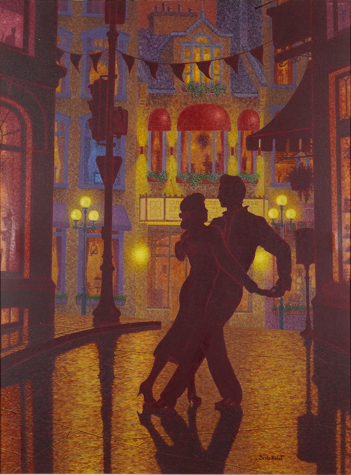 Denis Nolet Mille et une nuit Painting on Canvas: This painting on canvas is by the artist Denis Nolet and is titled Mille et une nuit. The work features two silhouetted figures dancing on a rain-slicked urban street at night. The piece is rendered i