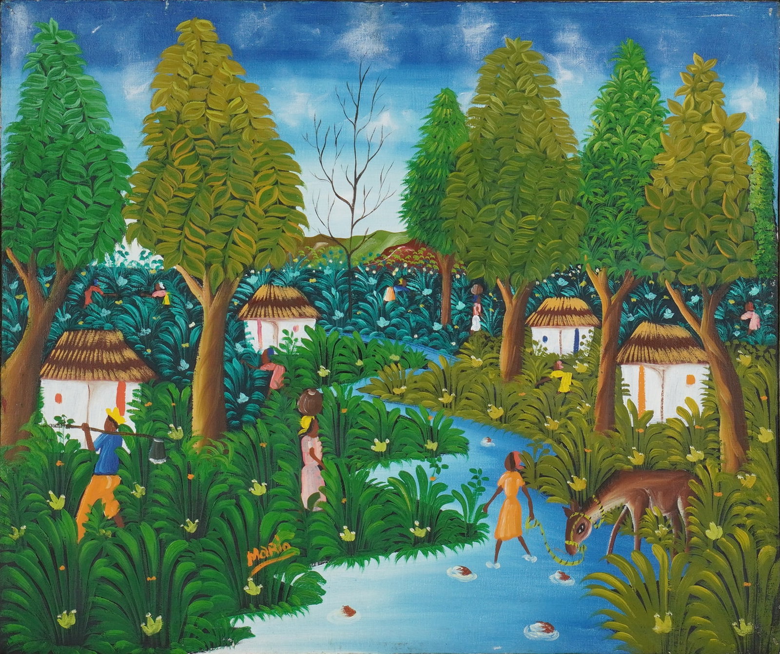 Haitian Oil on Canvas, Tropical Landscape Village Scene, Signed: An oil painting on canvas by Haitian artist Mario, depicting a vibrant tropical landscape scene. The composition features a central winding blue river bordered by dense green foliage and numerous tall