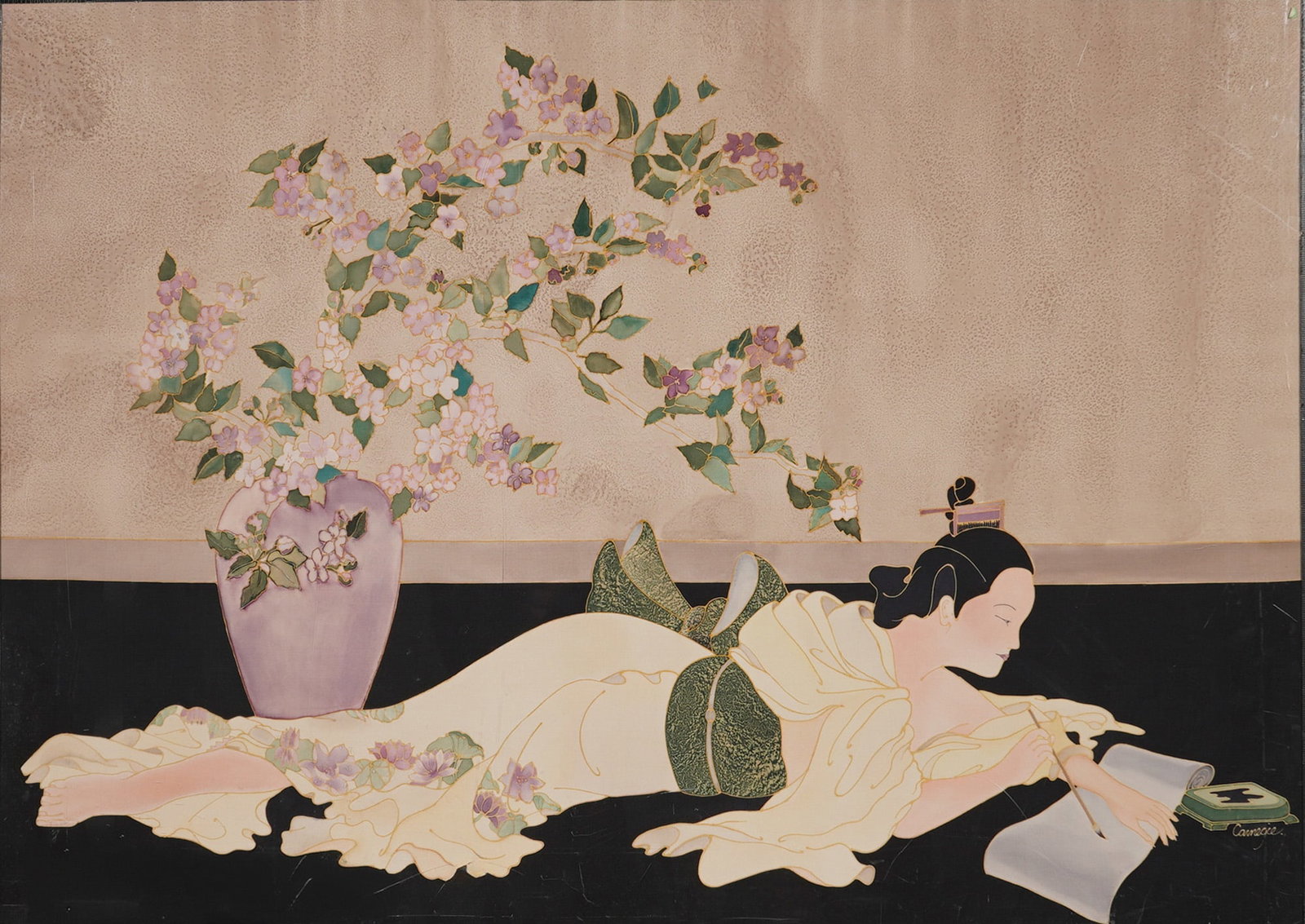 Mid-Century Art Deco Style Silk Painting Signed Carnegie (1 of 6)