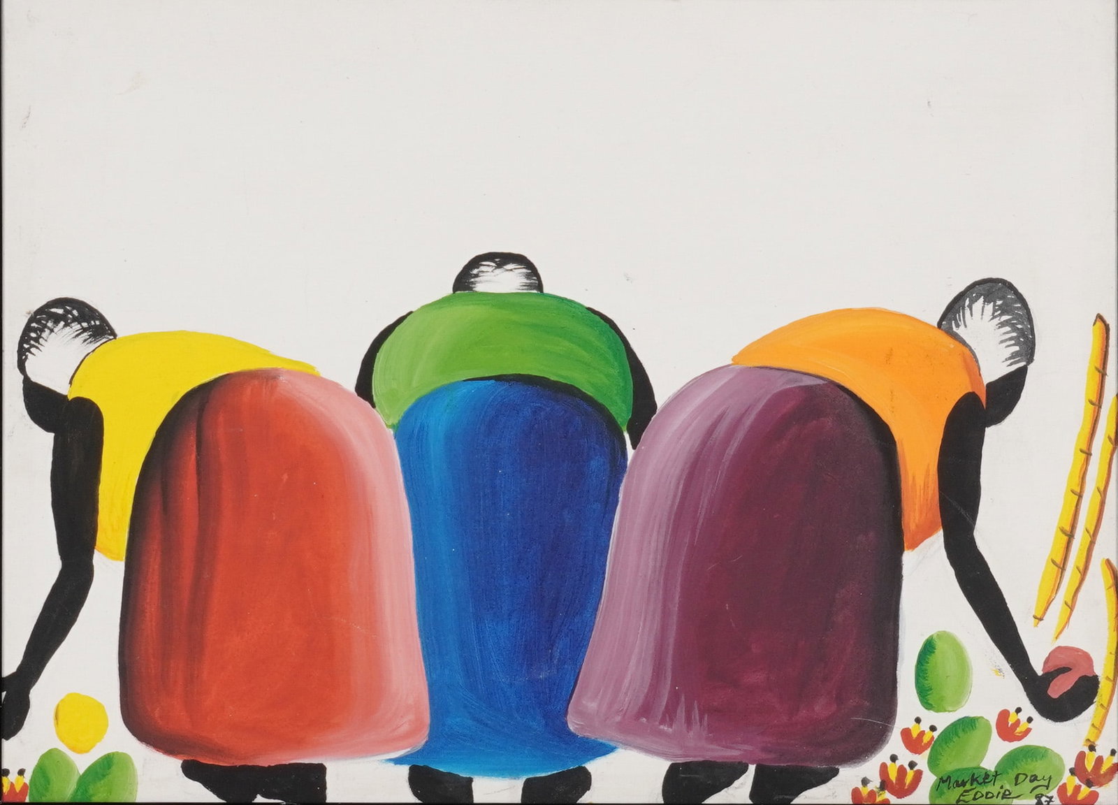Modern Folk Art Style Painting, Market Day Signed Eddie, 1987: A modern painting on canvas, titled Market Day and signed Eddie with the date 87 in the bottom right corner. Executed in a bold, simplified style that evokes folk or naive art, it depicts three styliz