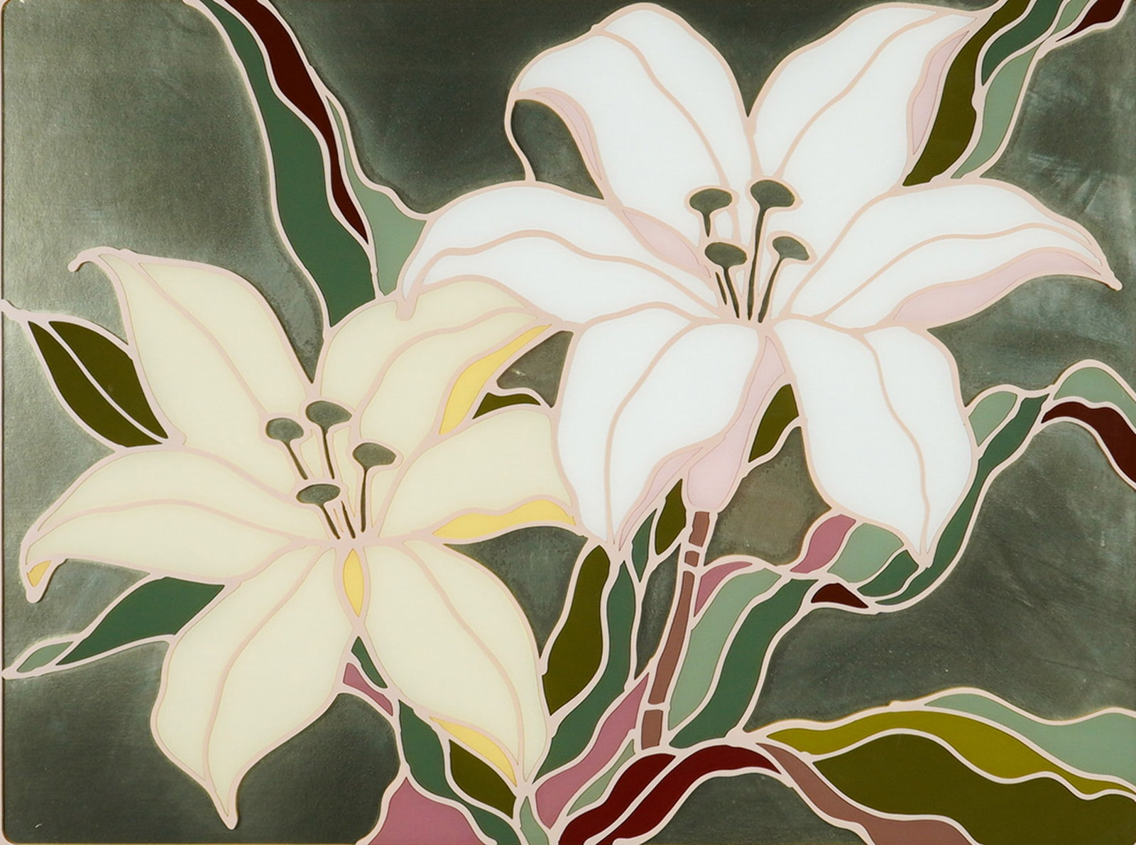 Robert Reinhardt von Liski Lilies Mixed Media Relief: Robert Reinhardt von Liski mixed media relief titled Lilies. The composition features two stylized lilies rendered in a layered, graphic style with shades of cream, white, and various greens. The flor