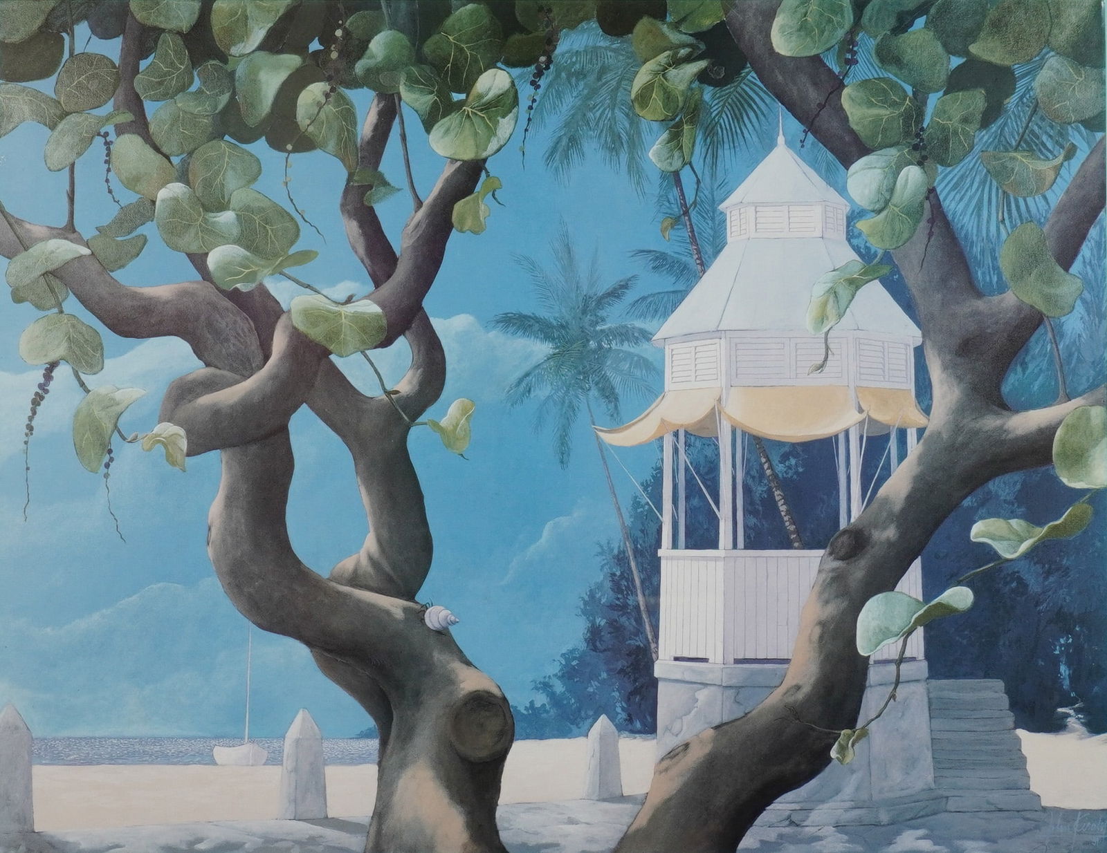 John Kiraly (Am. B. 1943) Serigraph on Paper, Tropical Landscape, Signed: A serigraph on paper by John Kiraly depicting a vibrant tropical setting that features gnarled, intertwining trees with large green leaves in the foreground, framing a white, multi-tiered gazebo-like
