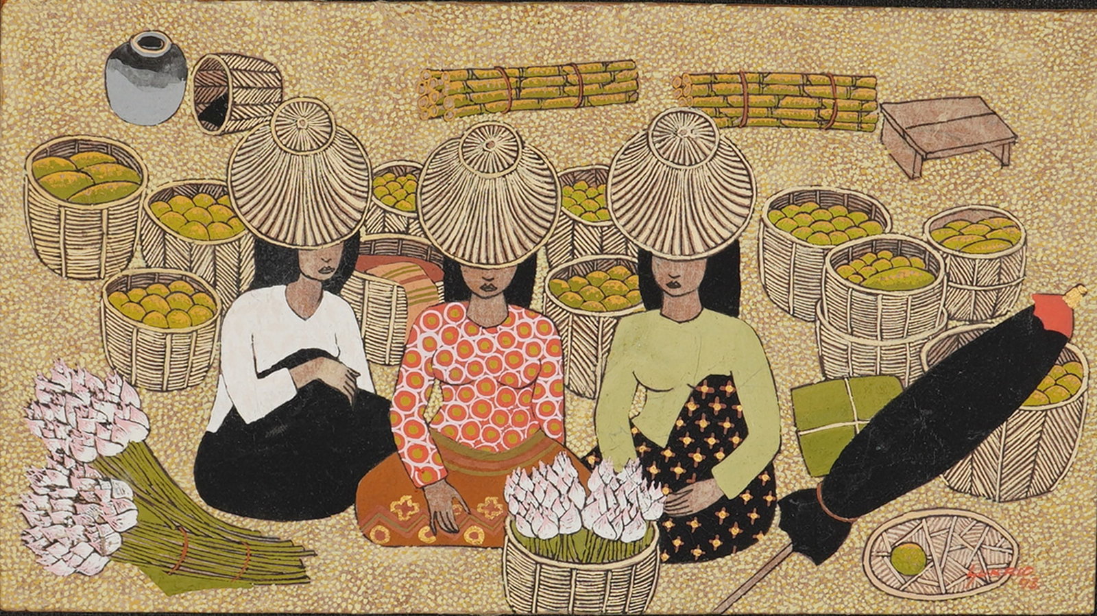 Sukri, 'Market Scene', Serigraph on Fabric, Unnumbered: This work by the artist Sukri is a serigraph on textured fabric featuring hand-applied gold-colored highlights. The composition depicts a vibrant Southeast Asian market scene with three women wearing