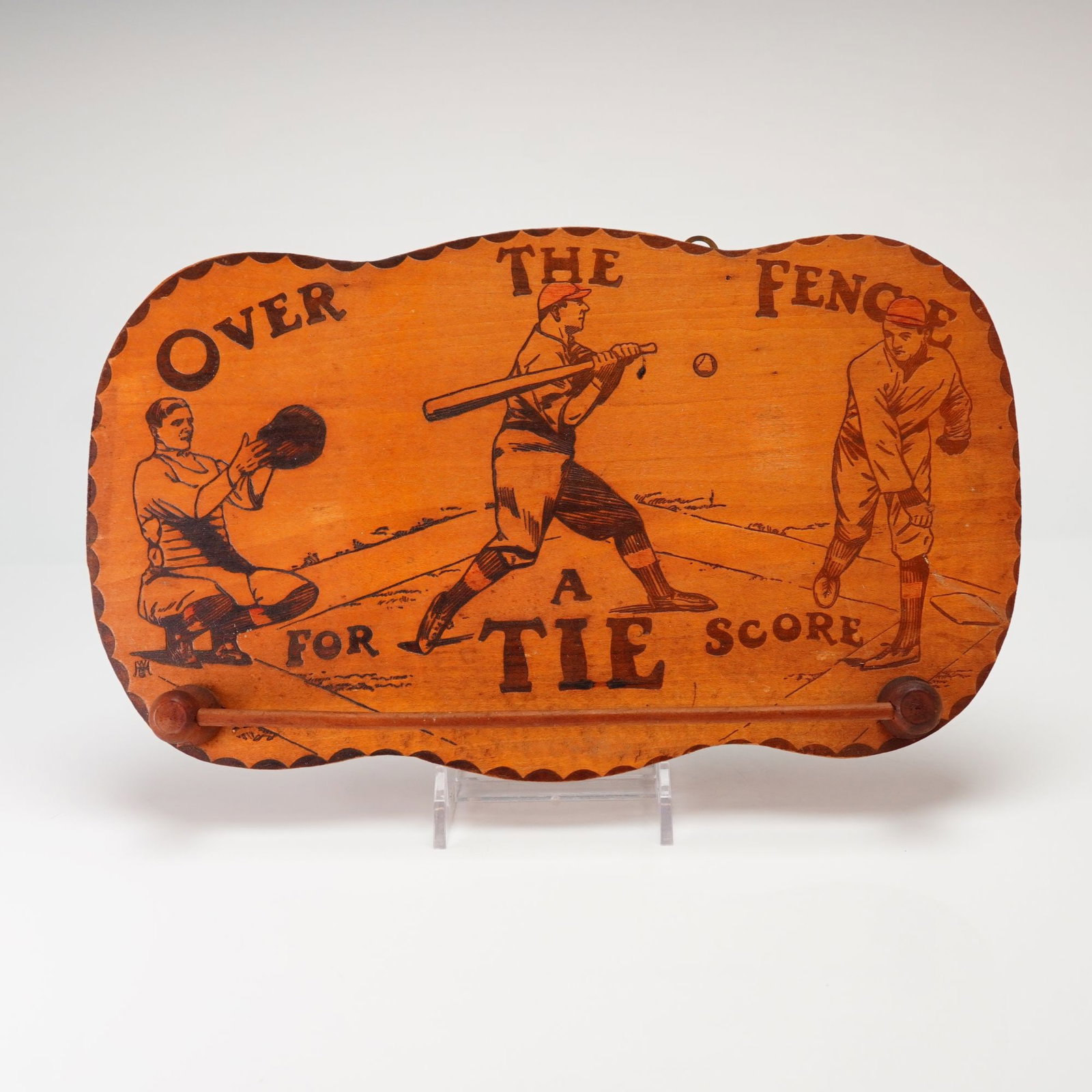 Vintage Baseball-Themed Carved Wooden Necktie Rack: An early 20th-century pyrography wooden necktie rack featuring a baseball theme. The piece is constructed from wood with an orange-toned finish and decorated using burnt-wood techniques. The front fac