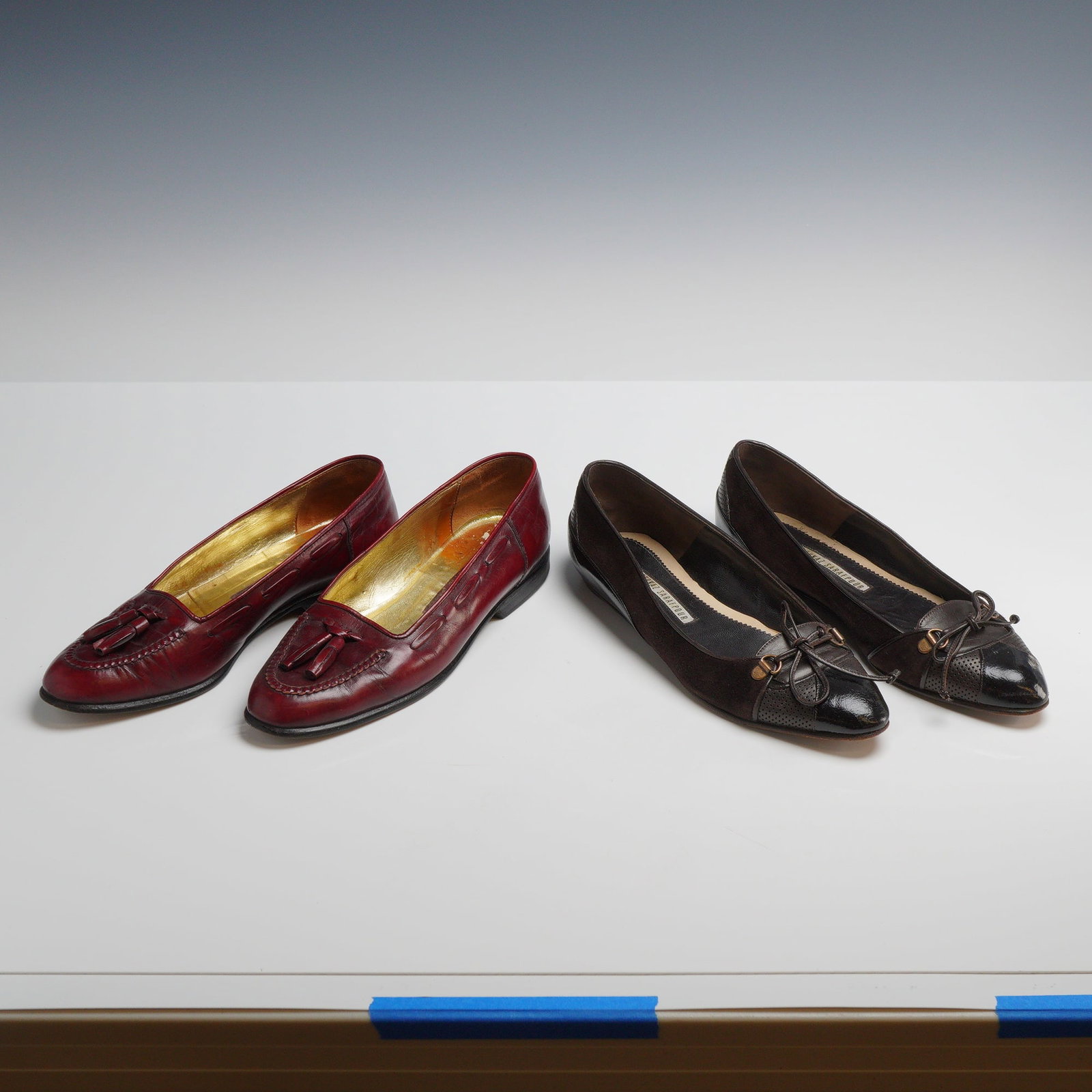 Walter Steiger and Behnaz Sarafpour, Tassel Loafers and Ballet Flats, Sizes 6 and 35.5, Burgundy and: This lot features two pairs of designer women's flat shoes. The first pair is by Walter Steiger, featuring a classic slip-on tassel loafer style in burgundy smooth leather with moc-toe stitching, side