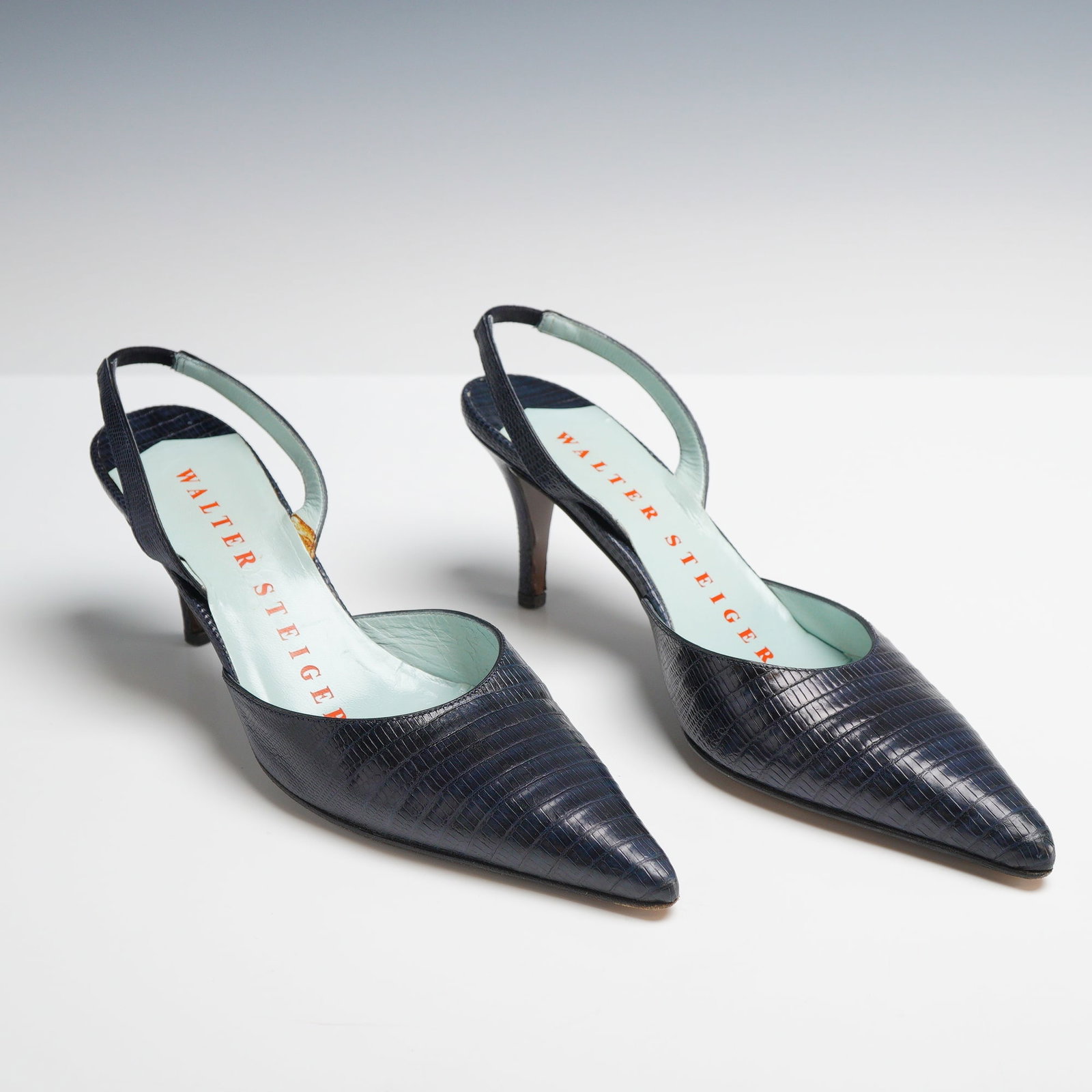 Walter Steiger Navy Blue Lizard Skin Pointed-Toe Slingback Pumps, Size 6 B (1 of 3)