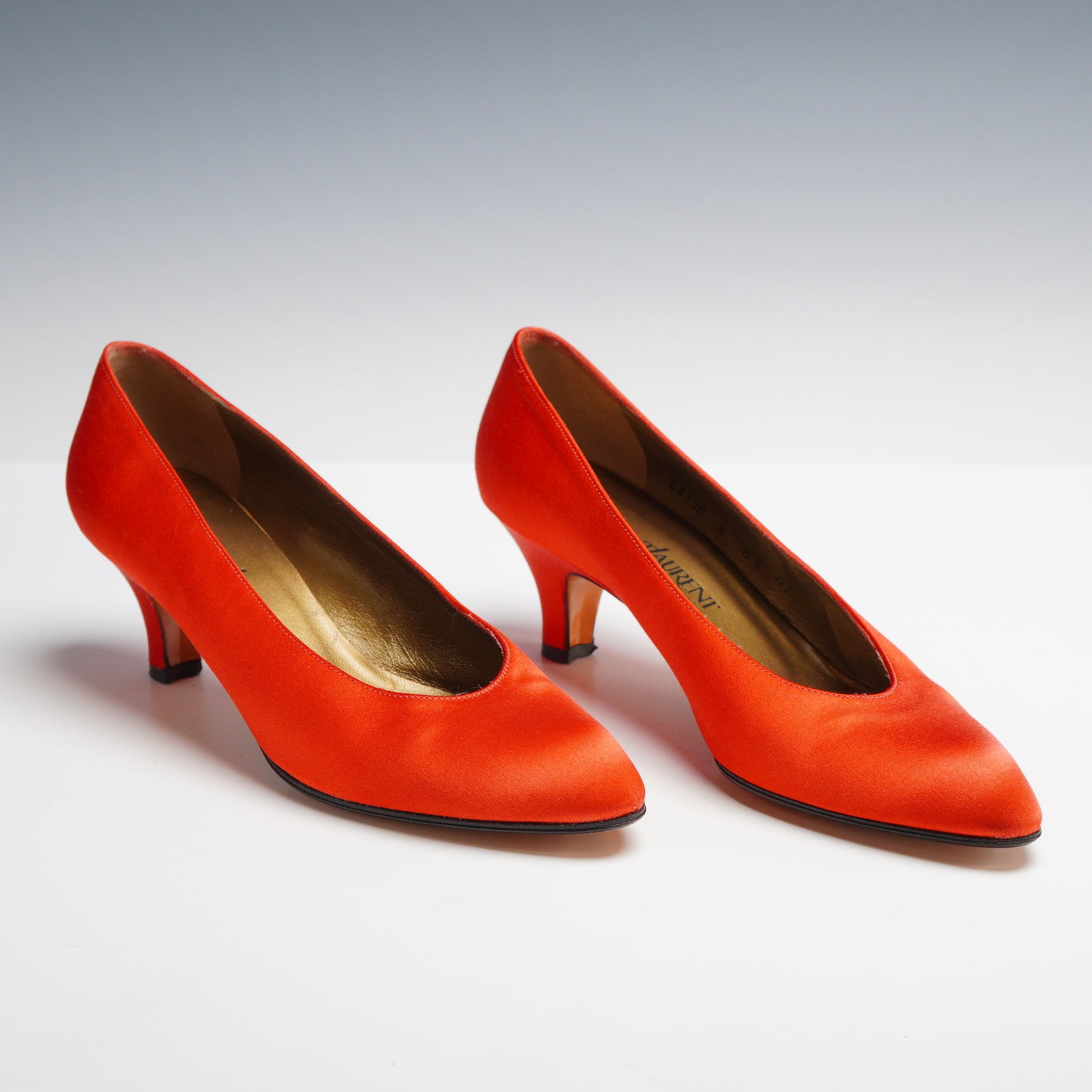 Yves Saint Laurent Vintage Satin Pointed-Toe Kitten Heel Pumps, Size 6.5 N, Tangerine Orange (1 of 3)