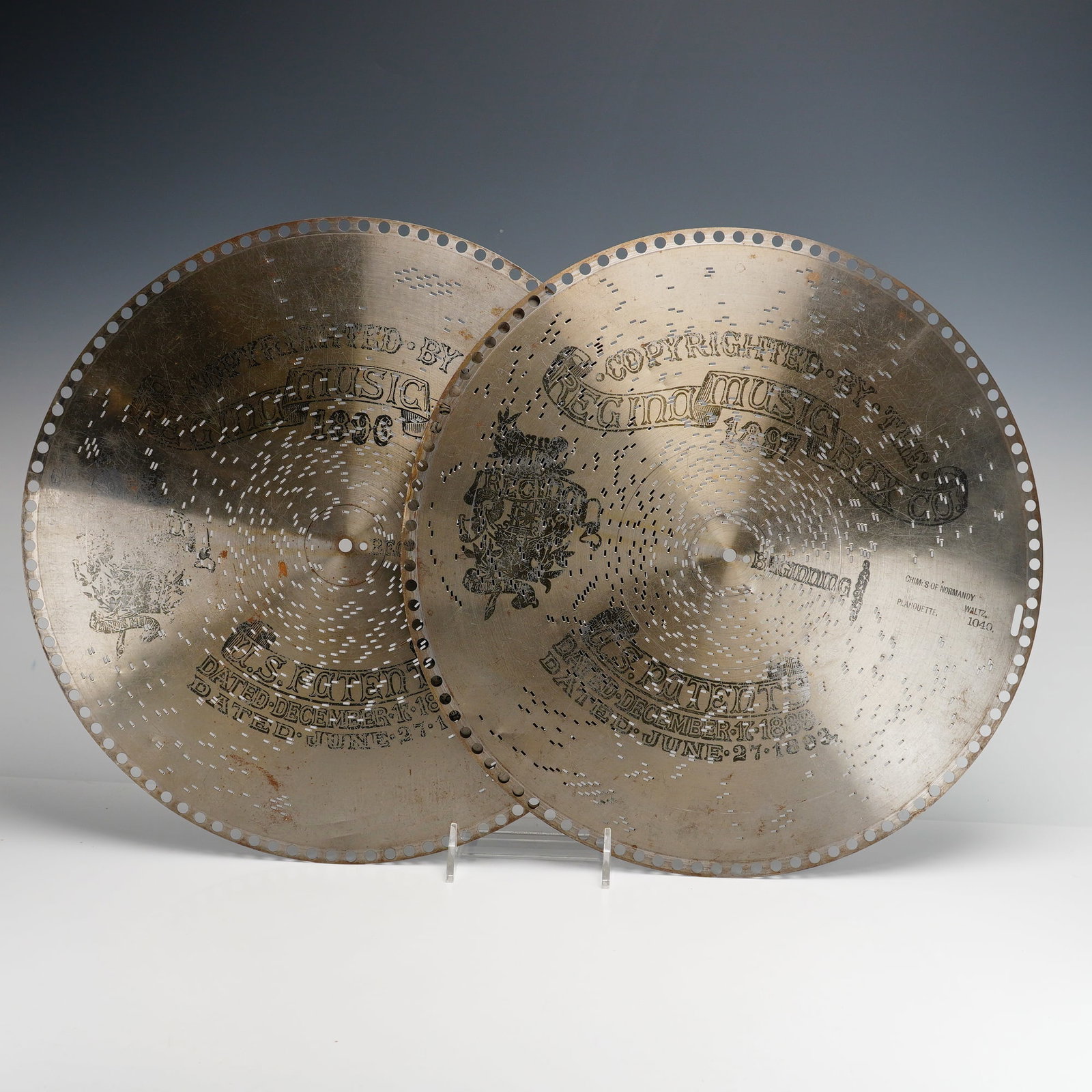 A Pair of Regina 15.5-Inch Music Box Discs, 1896-1897 (1 of 2)