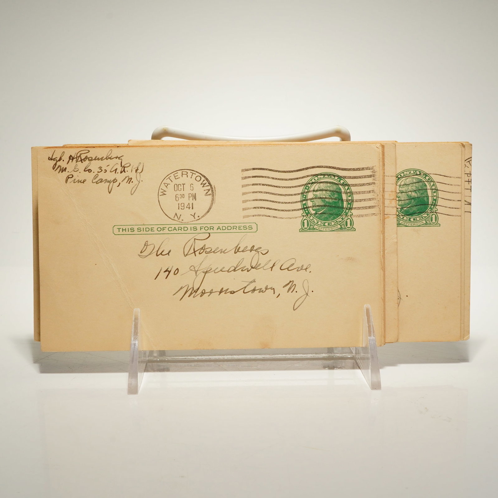 Collection of 40 1940s Soldier to Family in New Jersey U.S. Postal Cards: This lot consists of approximately 40 vintage pre-stamped United States Postal cards dating to the early 1940s. The collection features personal correspondence from a sergeant serving in the 35th Quar