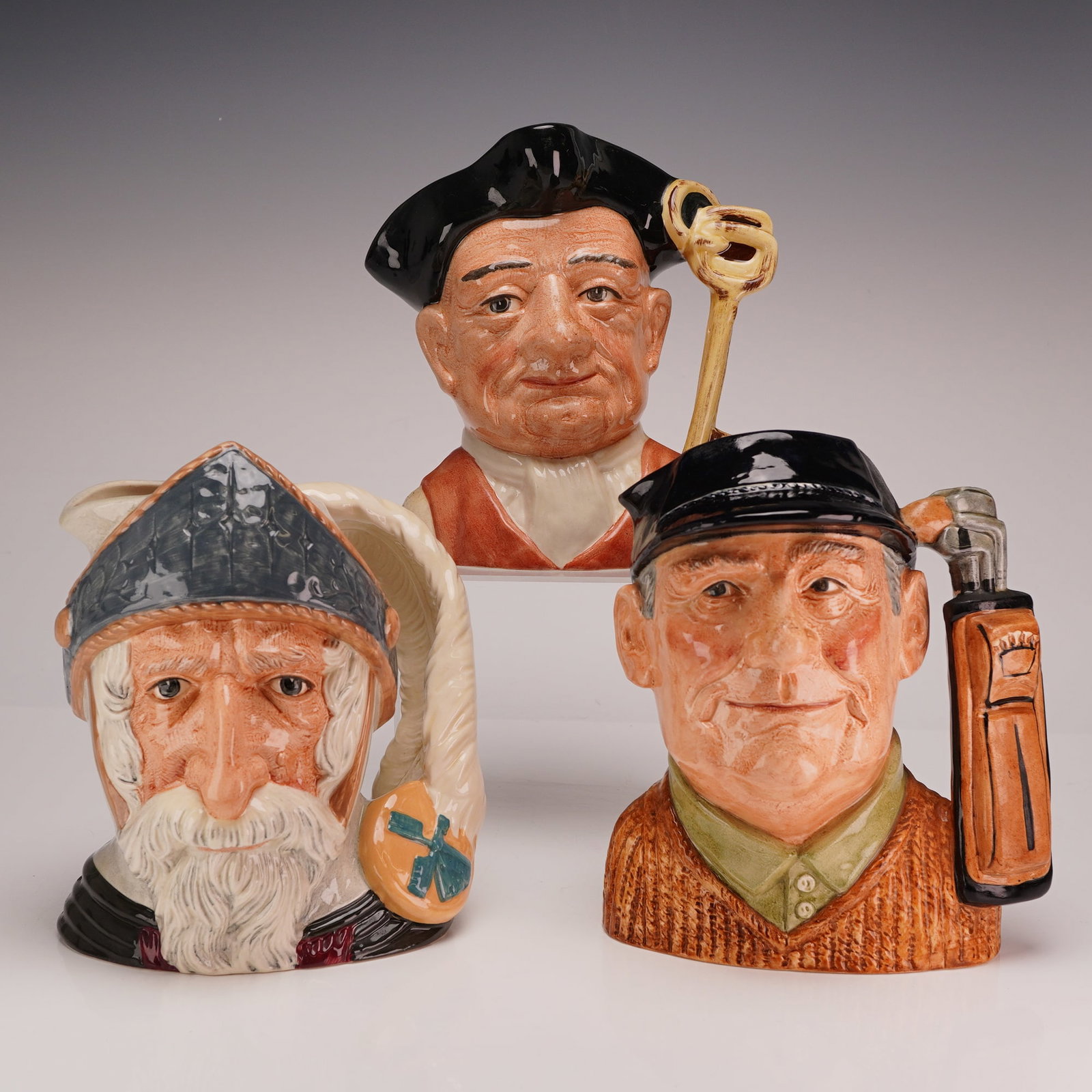 Three Royal Doulton Large Character Jugs including Don Quixote, Gaoler, and Golfer (1 of 4)