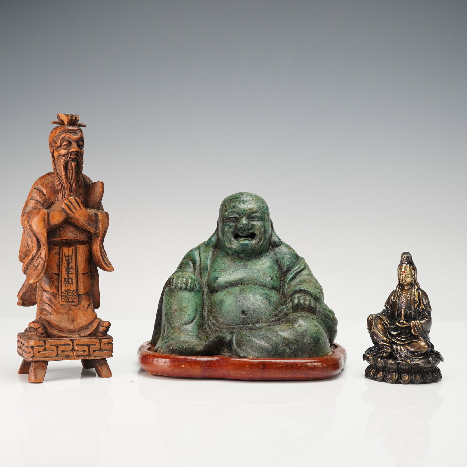 3pc Green Stone Buddha, Brass Kwan Yin, and Wooden Scholar Figurines (1 of 3)