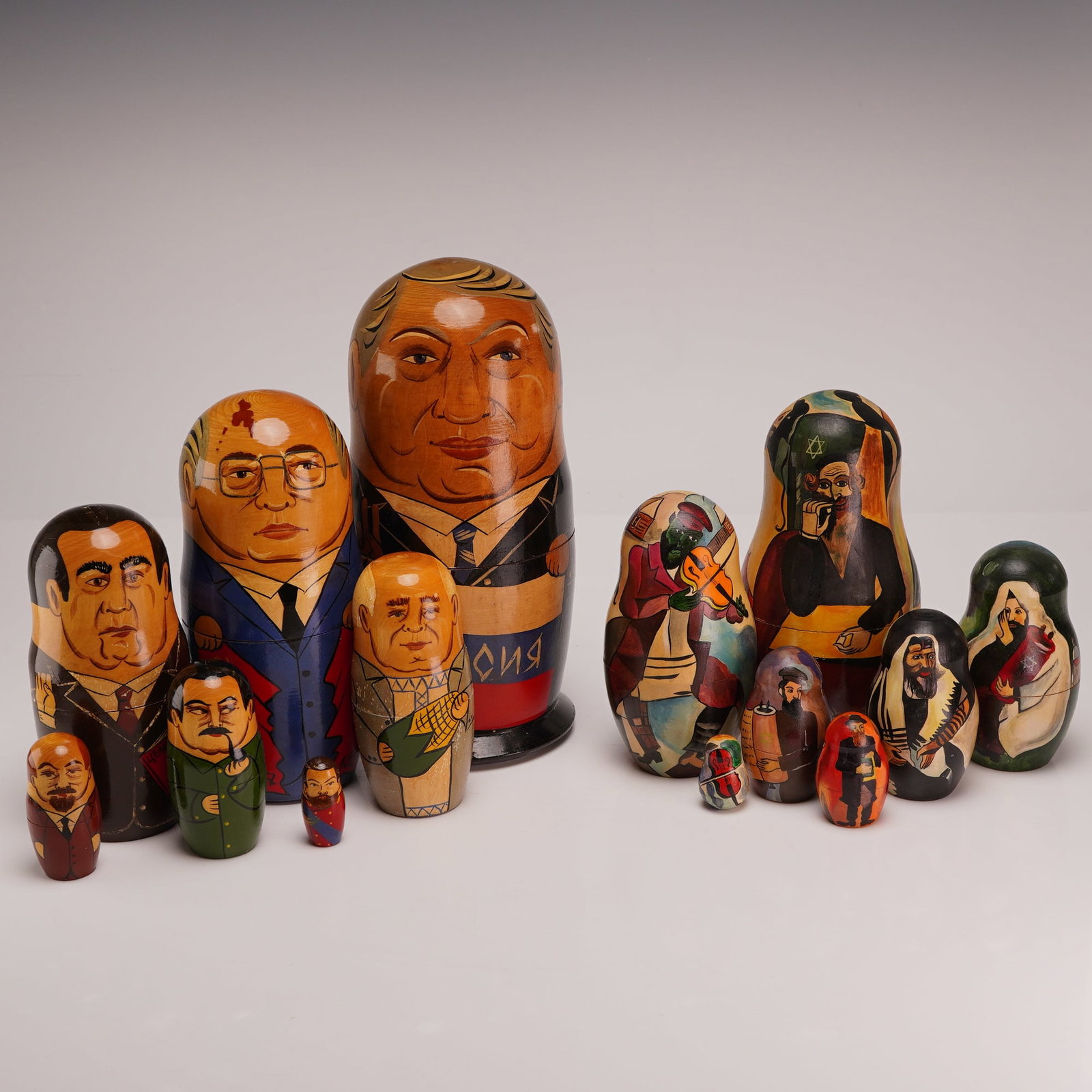Two Sets of Russian Matryoshka Nesting Dolls Featuring Political Leaders and Judaica Figures (1 of 4)