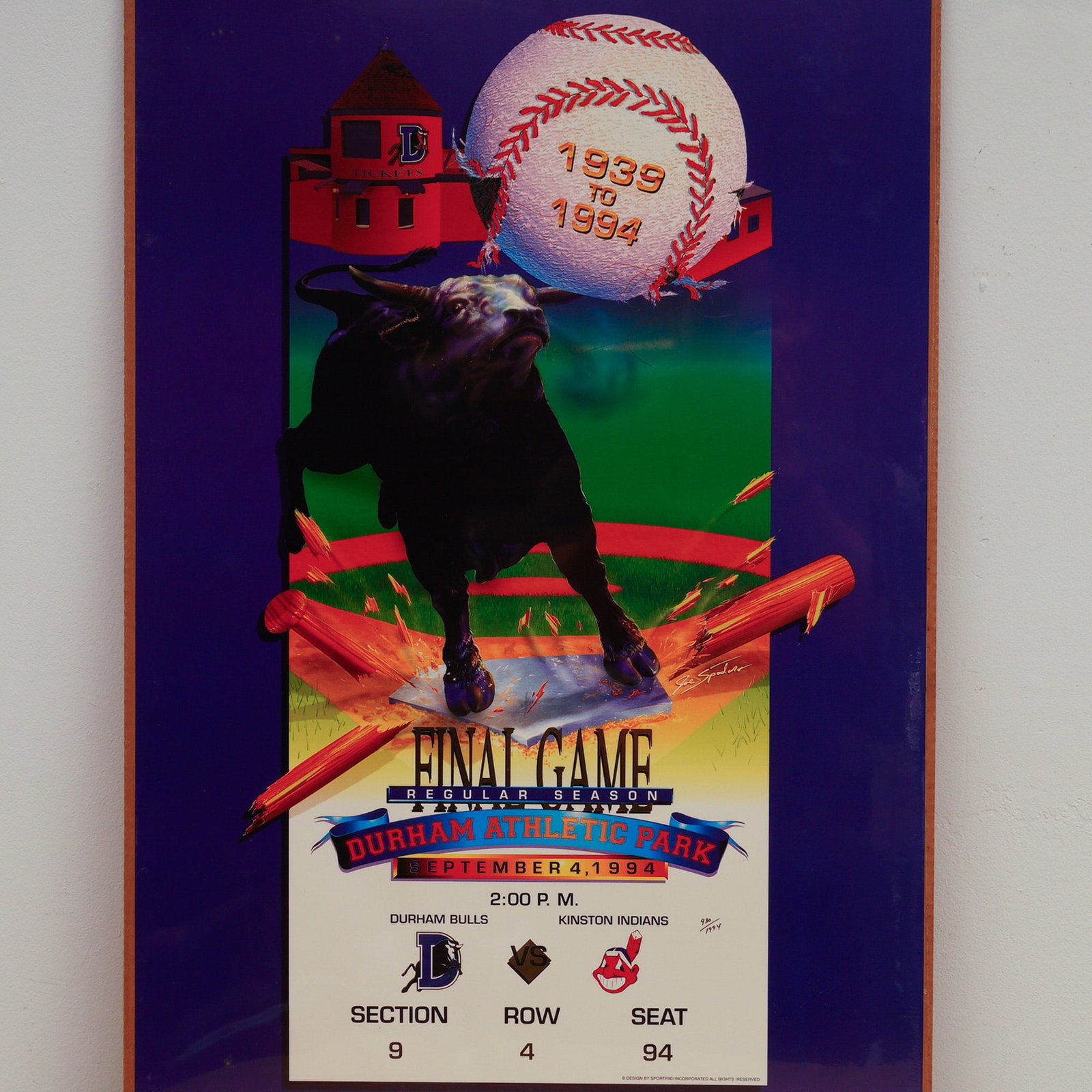 1994 Durham Bulls Final Game Commemorative Poster: Colorful limited edition poster commemorating the Durham Bulls' final regular season game at Durham Athletic Park on September 4, 1994, against the Kinston Indians. The artwork features the team's bul