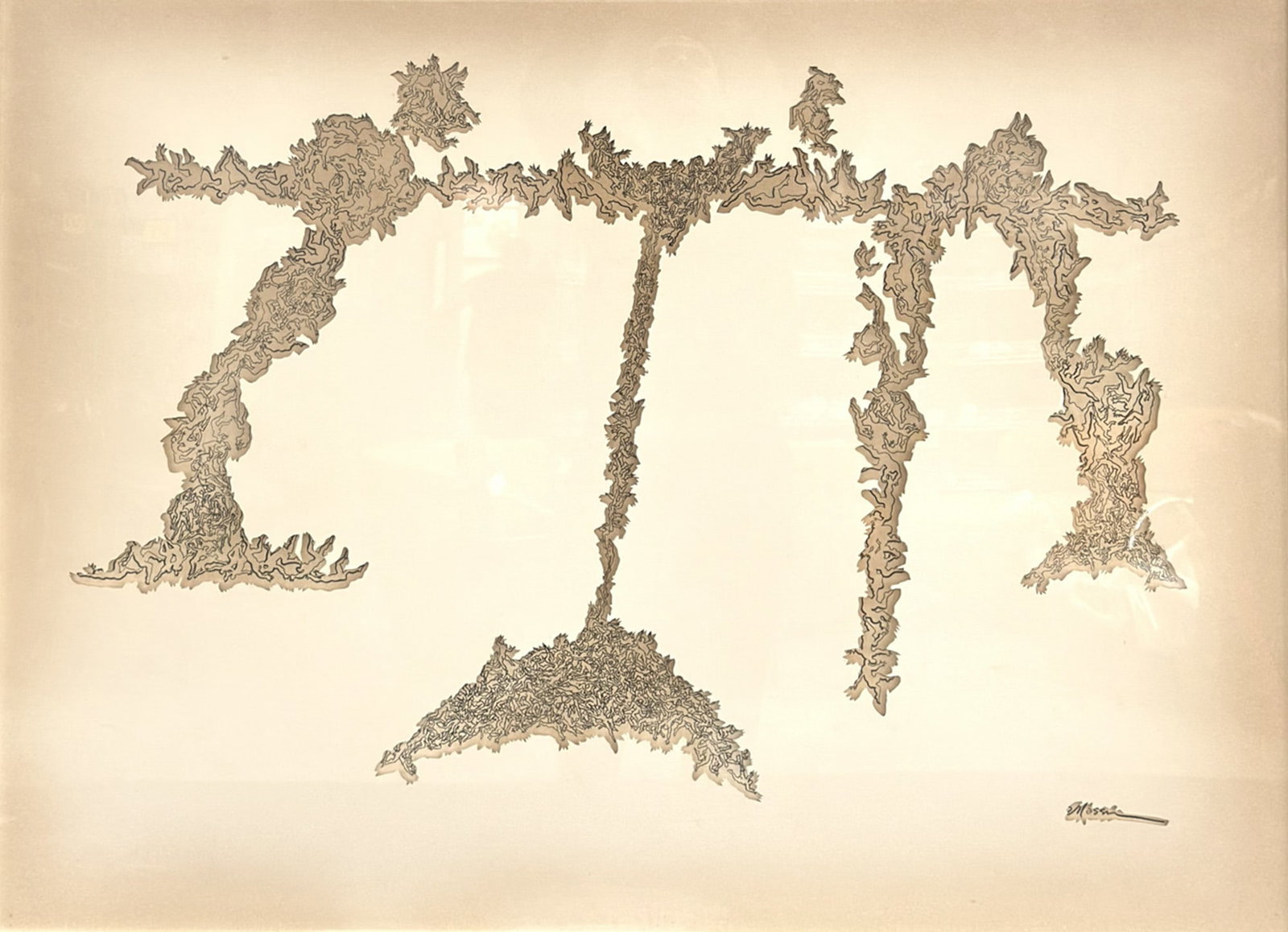Eugene (Gene) Massin (American, 1920-2003), 'Untitled', 3-D Mixed Media with Cut Paper and Ink: Eugene (Gene) Massin, 3-D mixed media with cut paper on top of an ink drawing, depicting silhouettes of figures in motion. This work features a complex abstract formation composed of hundreds of dense
