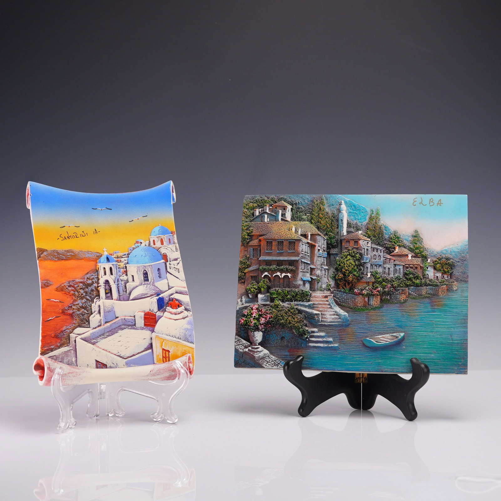 2pc Relief Wall Plaques, Elba and Santorini Coastal Scenes (1 of 6)