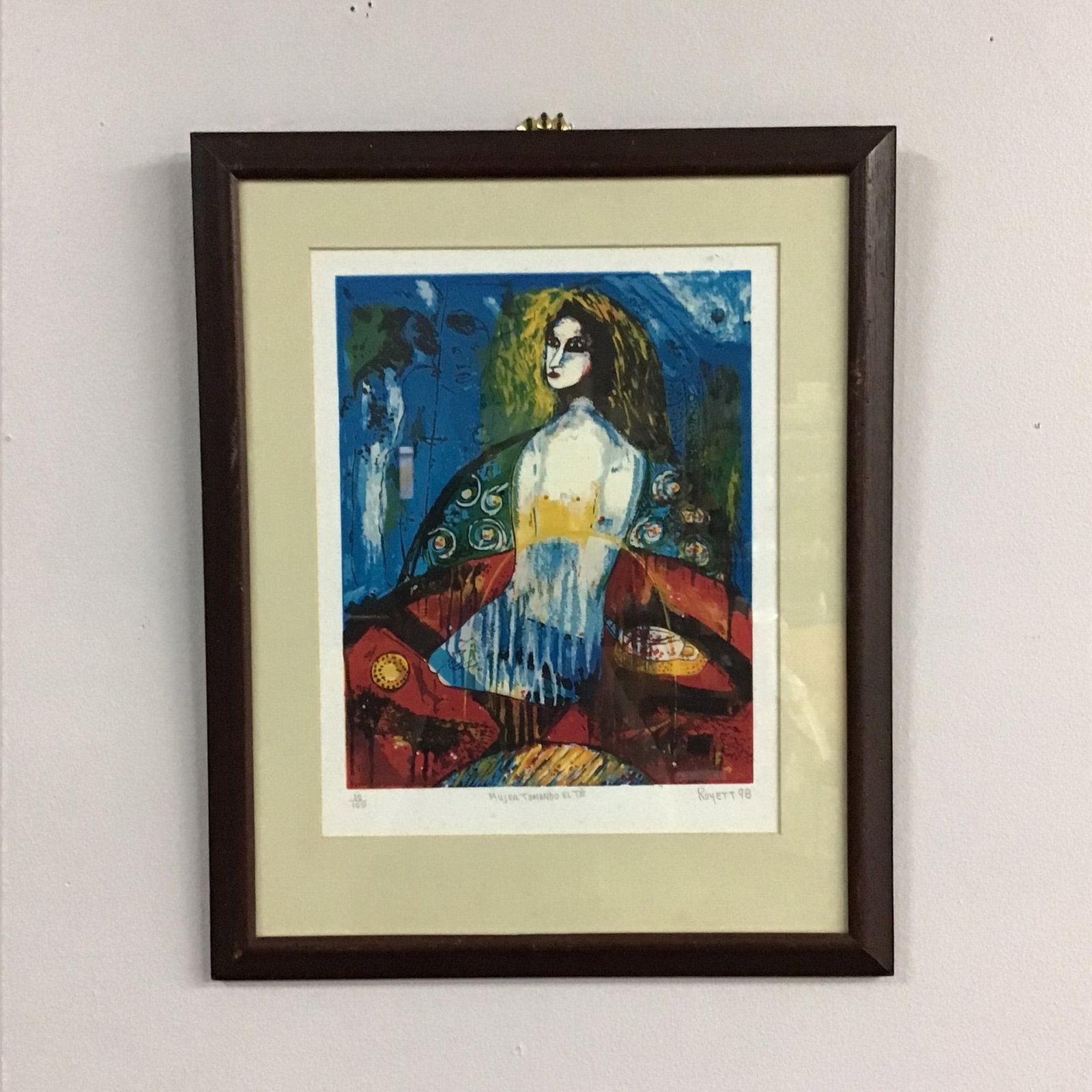 Felix Royett (Venezuelan b 1949), 'Mujer Tomando El Te', Lithograph: This lithograph on paper is by the Venezuelan artist Felix Royett (born 1949). Titled "Mujer Tomando El Te," the work is a vibrant, multi-color composition featuring a stylized, semi-abstract portrait