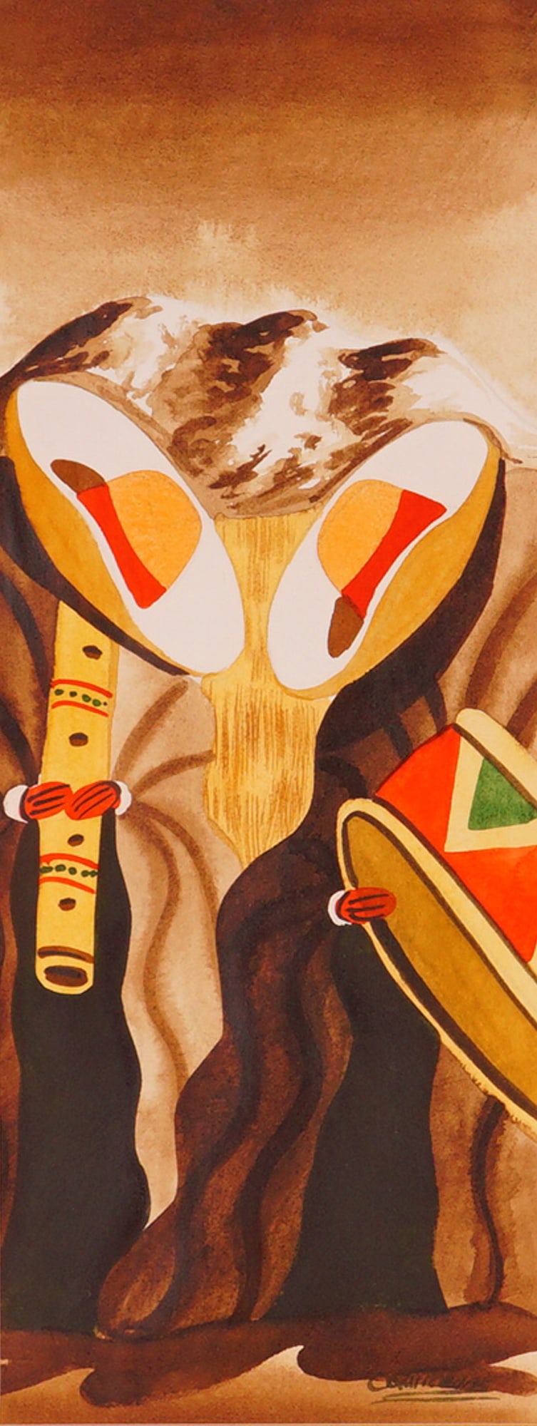 Original Watercolor and Gouache on Paper, Andean Musicians, Signed: Expressive original watercolor and gouache painting on paper signed at lower right, depicting stylized Andean musicians in a dynamic and abstracted composition. The figures, adorned with traditional w