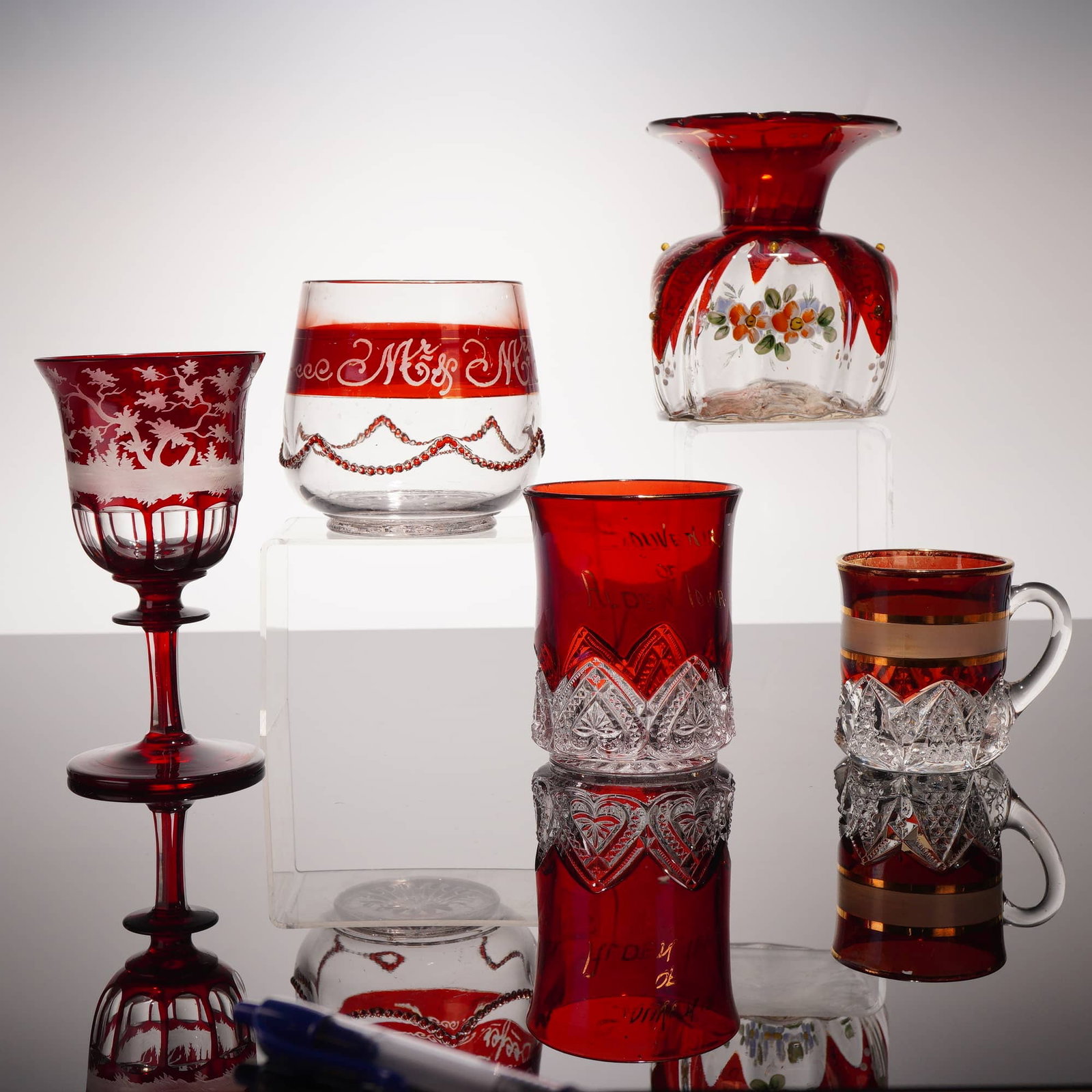 Collection of Five Bohemian and American Ruby Flashed and Cranberry Art Glass Items (1 of 3)