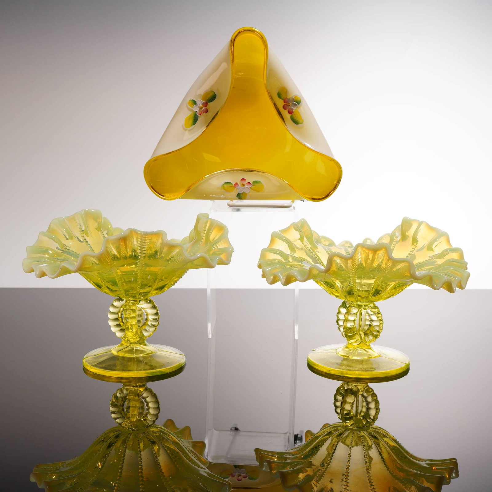 Fenton and Nasco Japan, Enameled and Opalescent Art Glass, Compotes and Bowl (1 of 4)