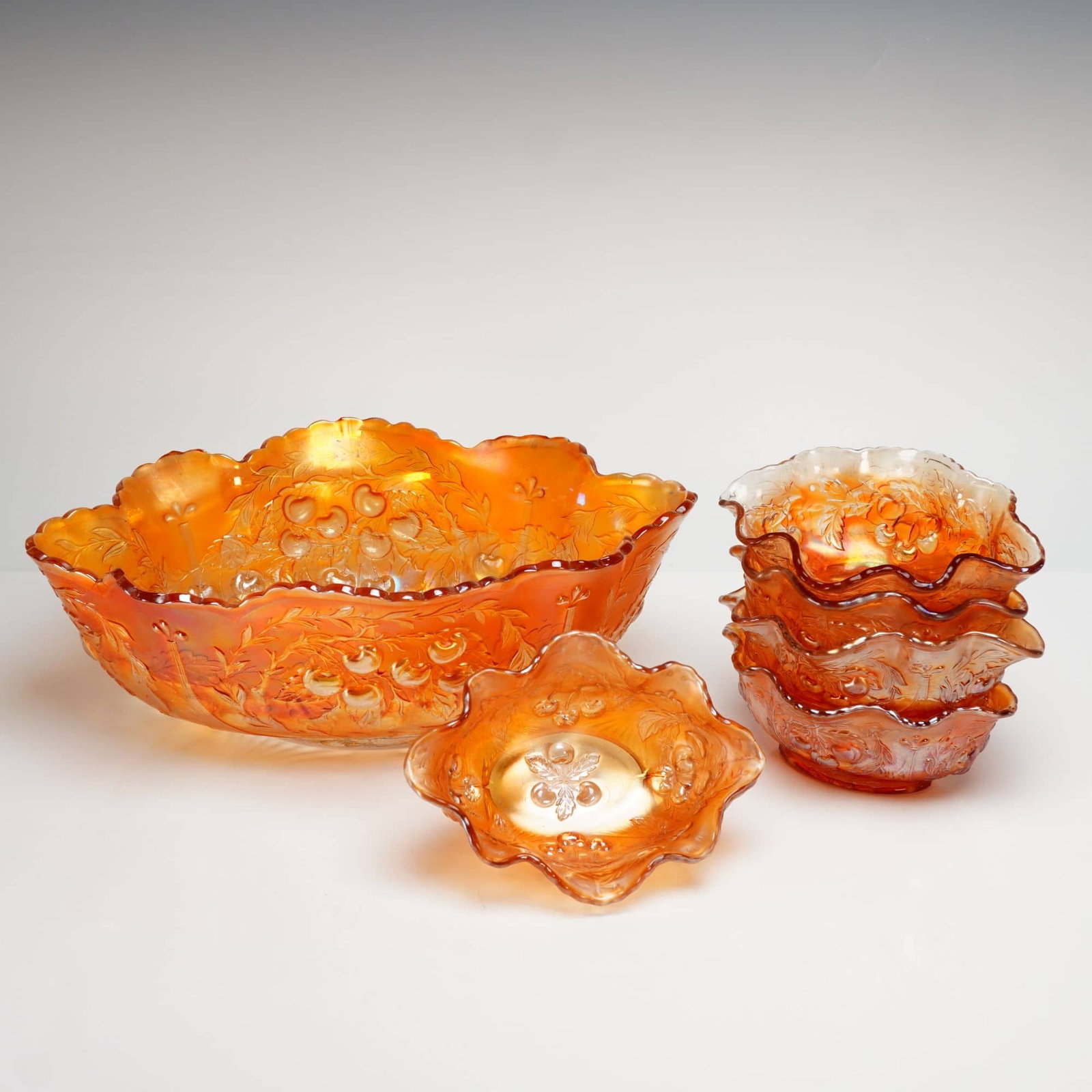 Northwood Cherry and Cable Marigold Carnival Glass Berry Set, 6 Pieces, Circa 1910 (1 of 5)