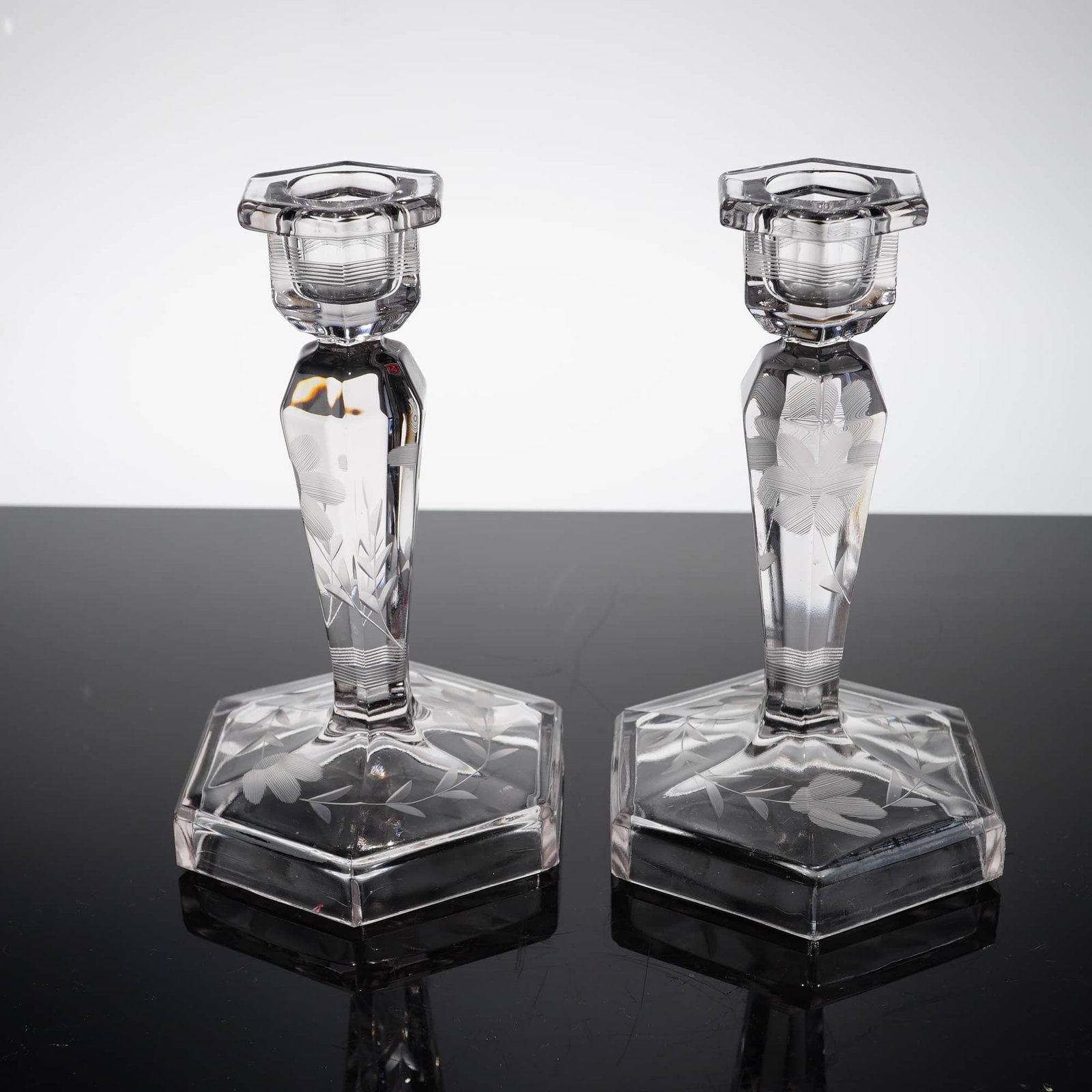 A Pair of American Elegant Glass Etched Floral Crystal Candlesticks (1 of 3)