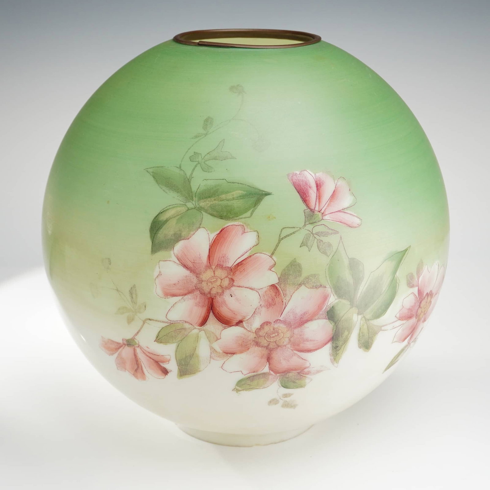 Victorian Hand Painted Satin Glass Parlor Lamp Shade: This Victorian-style spherical parlor lamp shade is crafted from matte-finish satin glass featuring a gradient color transition from mint green at the top to off-white at the base. The surface is deco