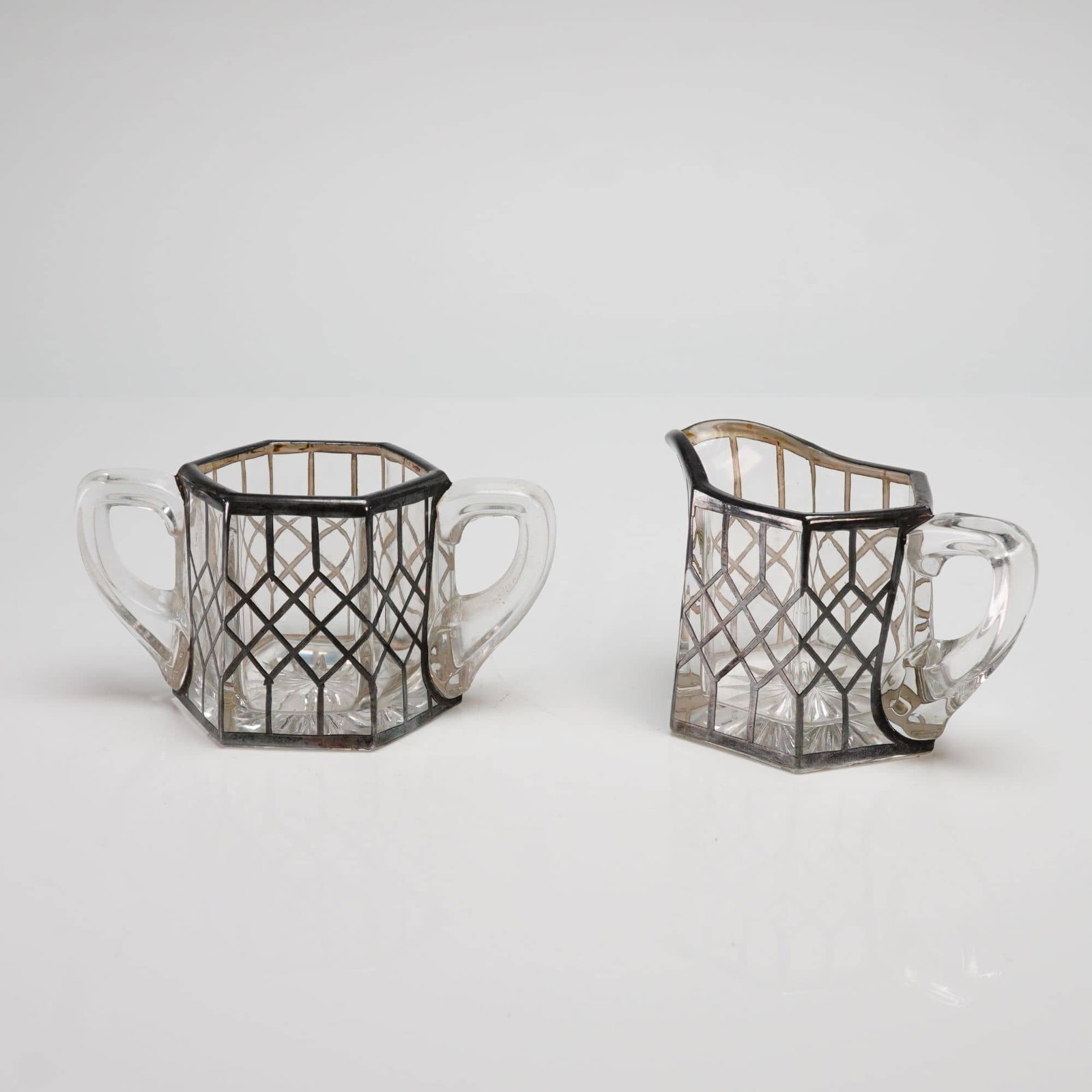 Heisey Art Deco Hexagonal Glass Creamer and Sugar Set with Silver Overlay (1 of 4)