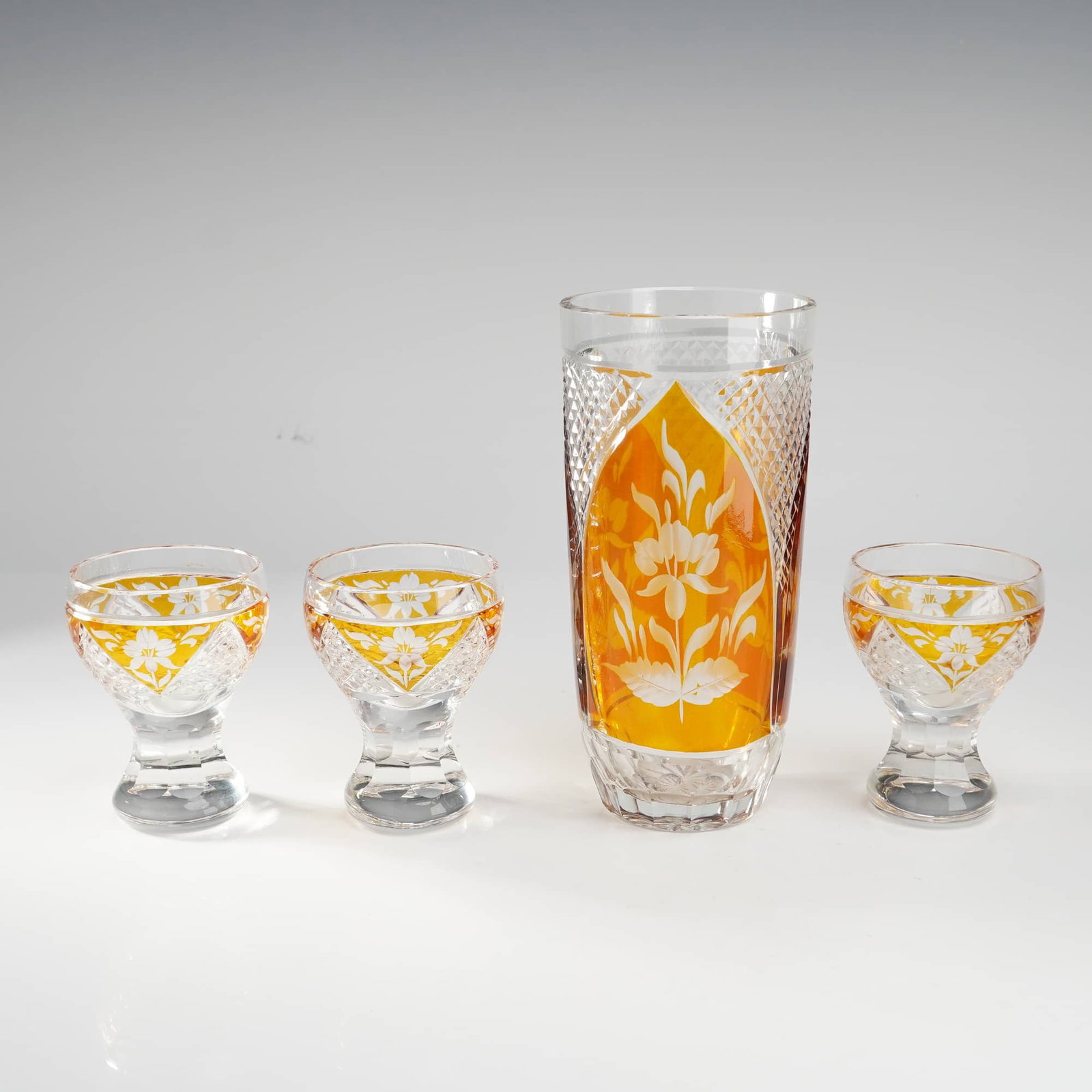Bohemian Amber Cut-to-Clear Crystal 4-Piece Beverage Set with Etched Floral Design (1 of 4)