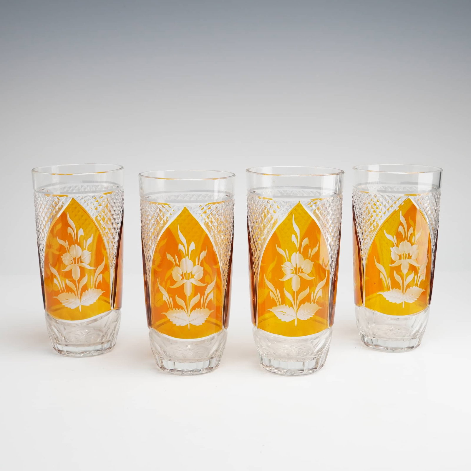 Bohemian Egermann Style Cut-to-Clear Amber Etched Floral Crystal Highball Glasses, Set of 4 (1 of 5)