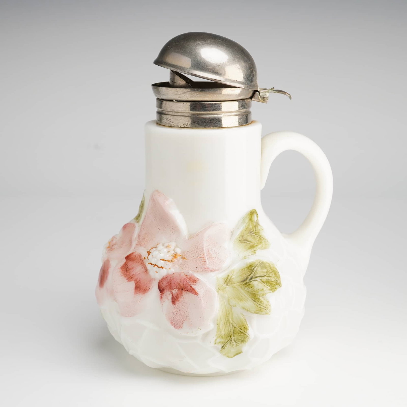 Victorian Hand-Painted Wild Rose Lattice Milk Glass Syrup Pitcher with Hinged Metal Lid (1 of 4)