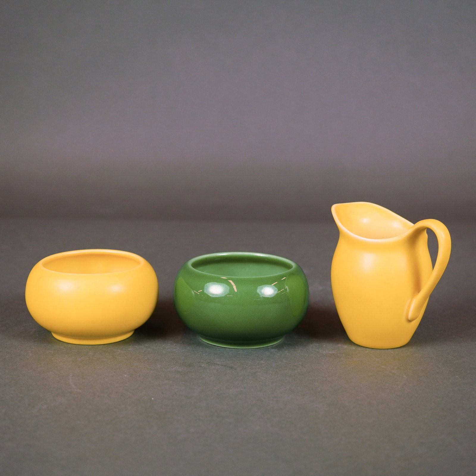 Three Rookwood Pottery Green and Yellow Bowls and Creamer (1 of 4)
