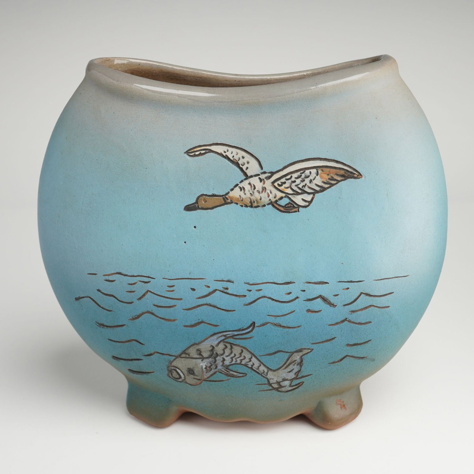 A Turia Studio Art Pottery Round and Narrow Vase with Inscribed Decoration of a Duck and Fish (1 of 4)