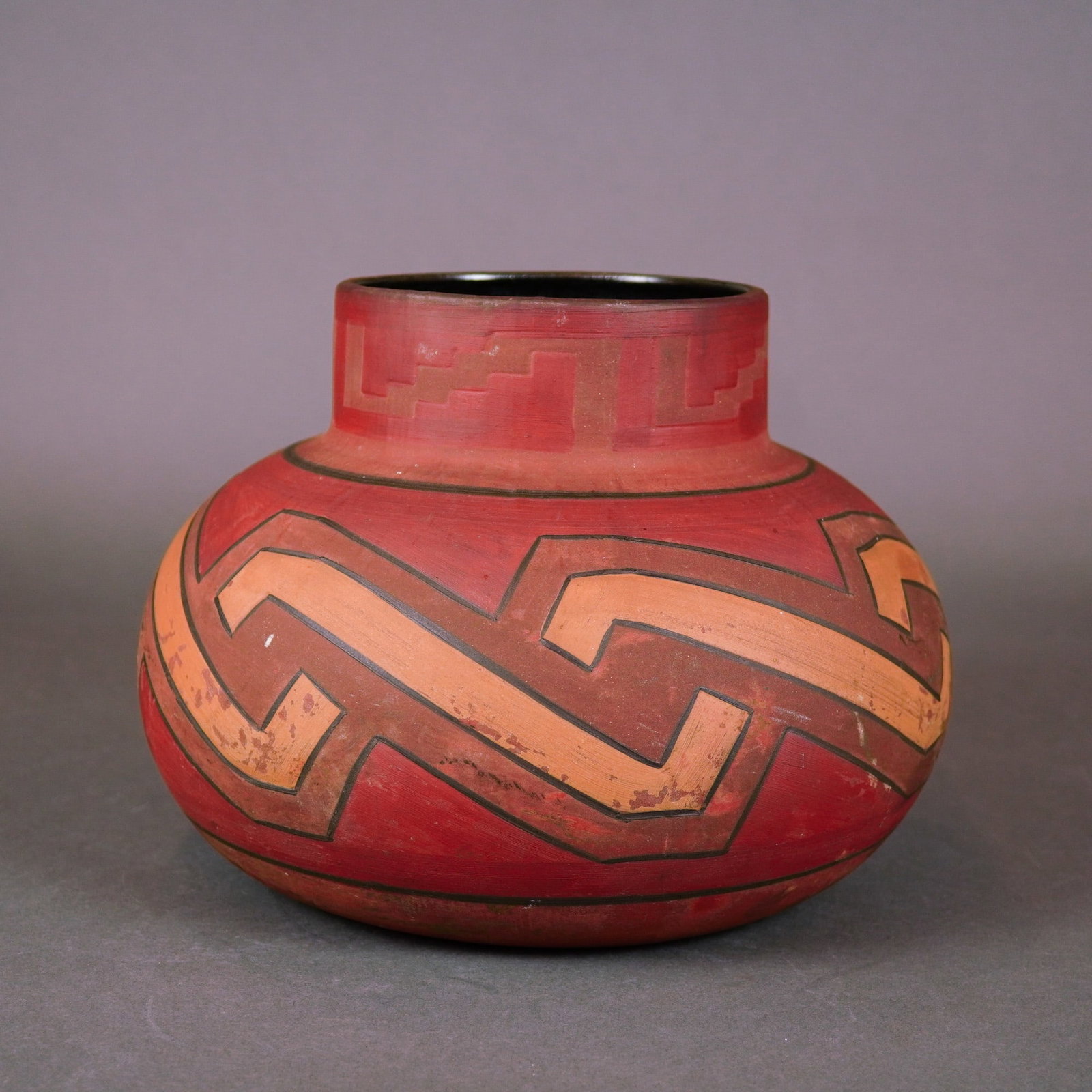Clifton Art Pottery Indian Ware Ceramic Olla Vase: This ceramic vessel is a distinguished example of the Indian Ware line produced by Clifton Art Pottery of Newark, New Jersey, between 1905 and 1911. The pottery is noted for its high-quality