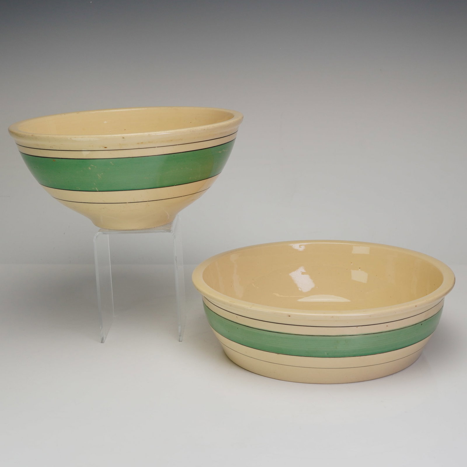 Roseville Art Pottery, Green Band Creamware, A Pair of Utility Bowls (1 of 3)
