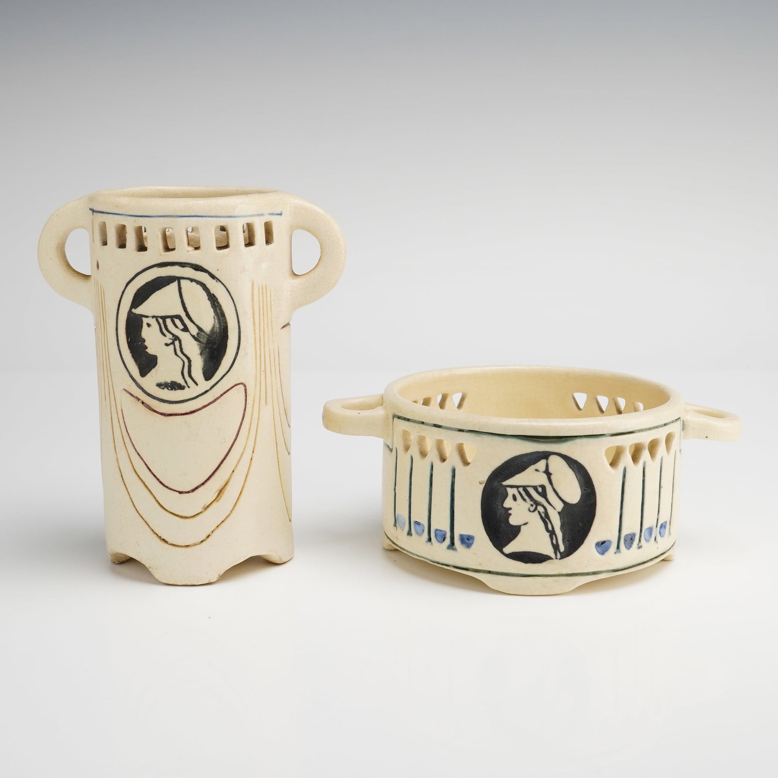 Weller Pottery Ethel Creamware Cameo Reticulated Vase and Dish (1 of 3)