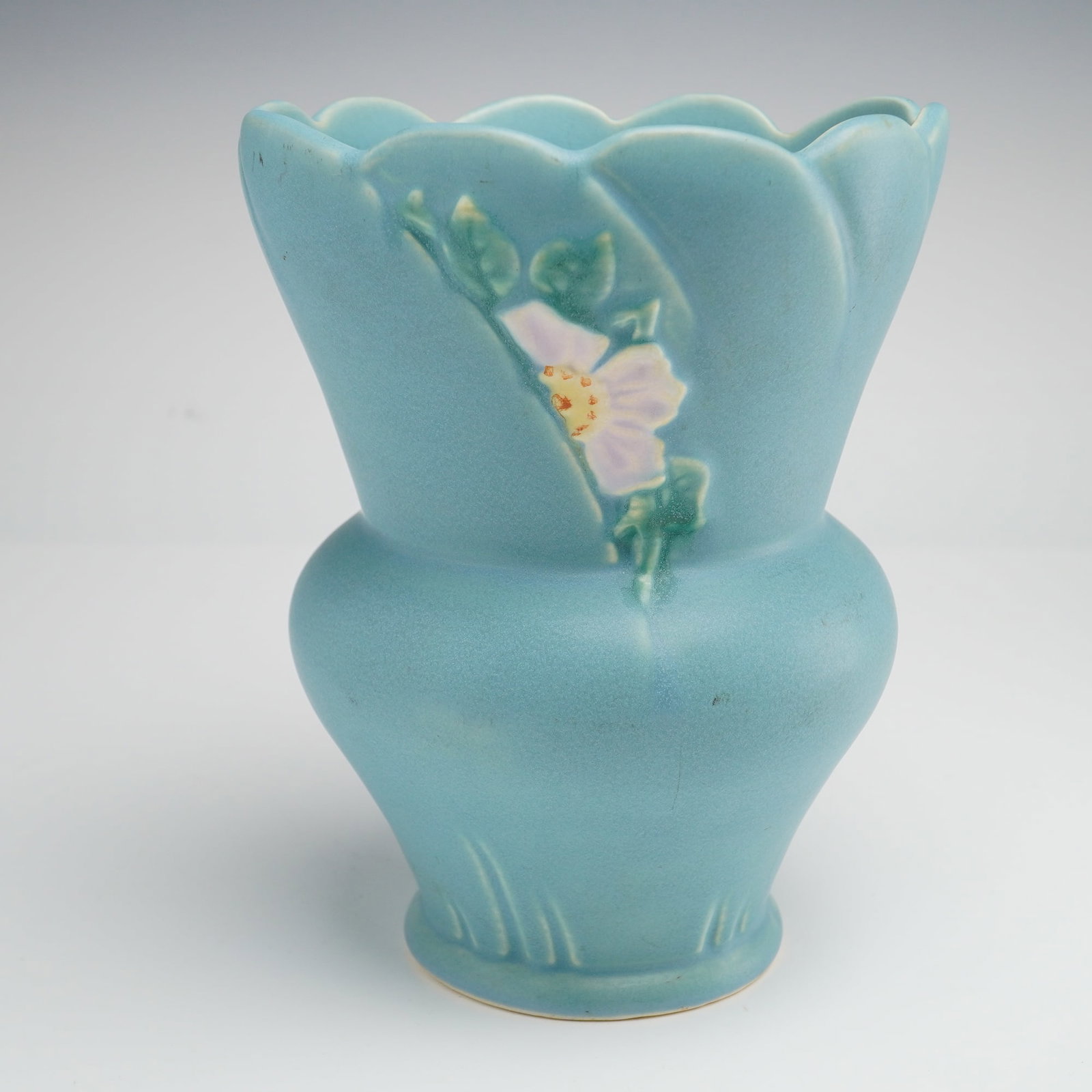 Weller Pottery Wild Rose Pattern Blue Vase (1 of 4)